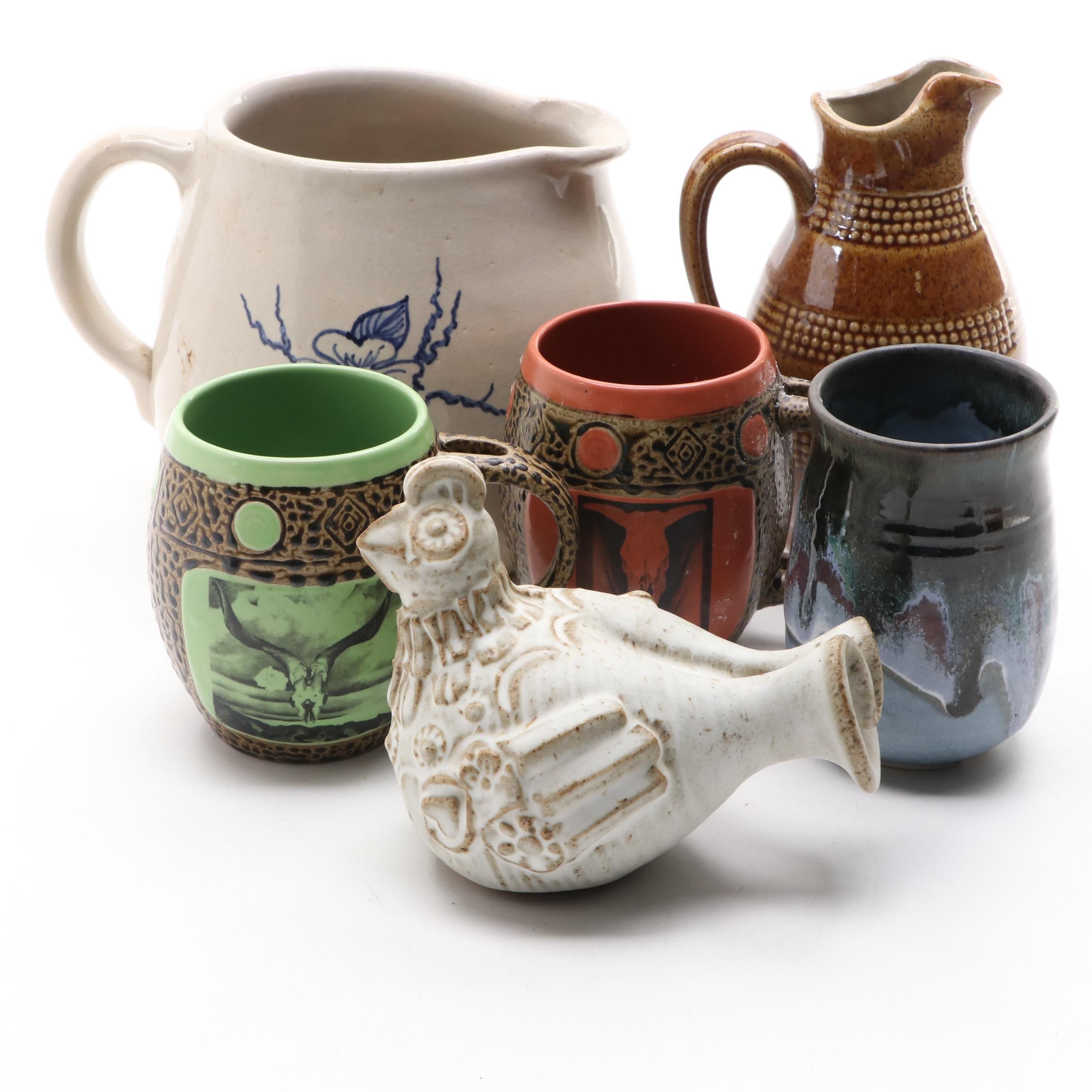 Marshall Pottery Ceramic Pitcher with Always Azul Pottery Mugs and More
