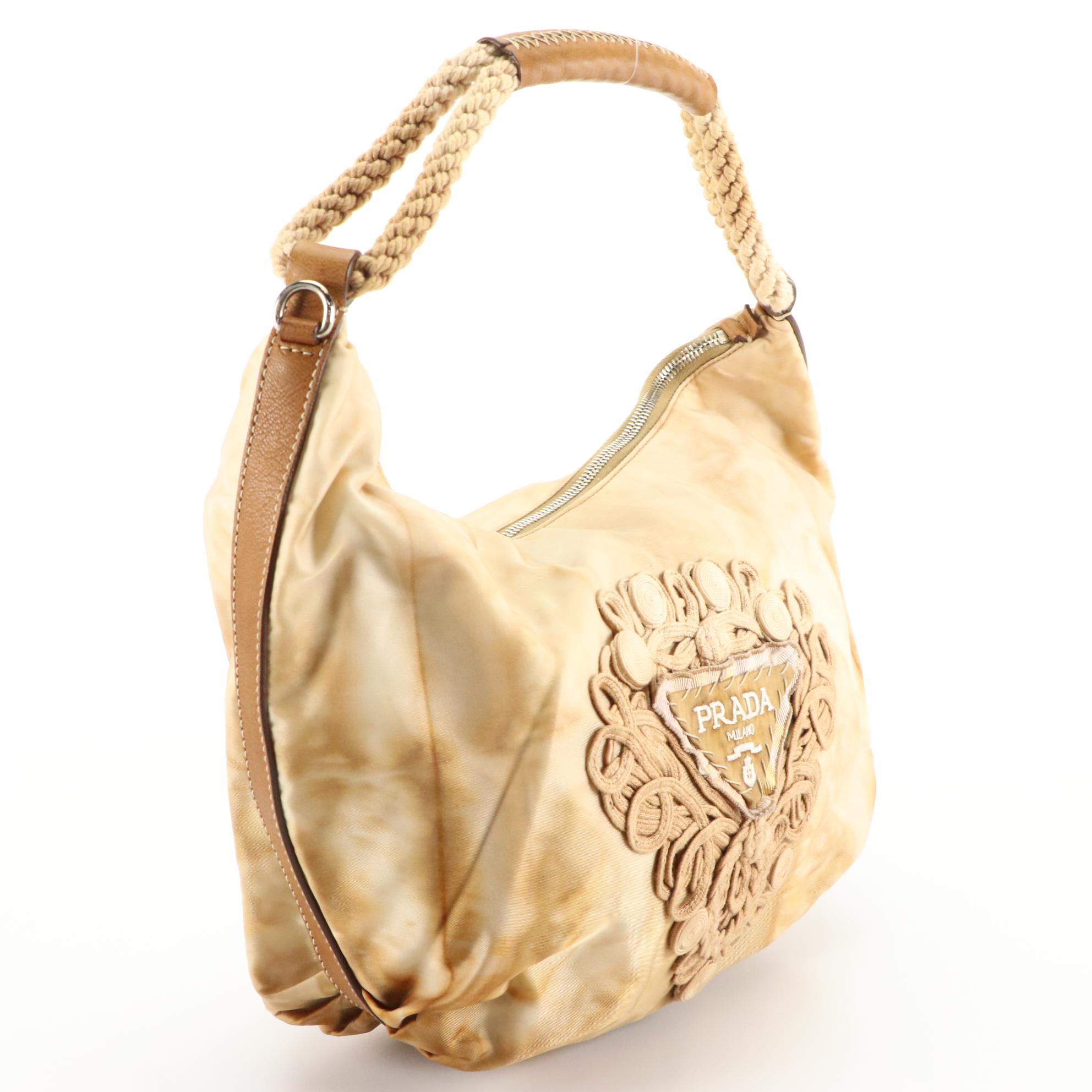 Prada Brown Embroidered Tie-Dye Tessuto and Leather Trim Hobo Handbag