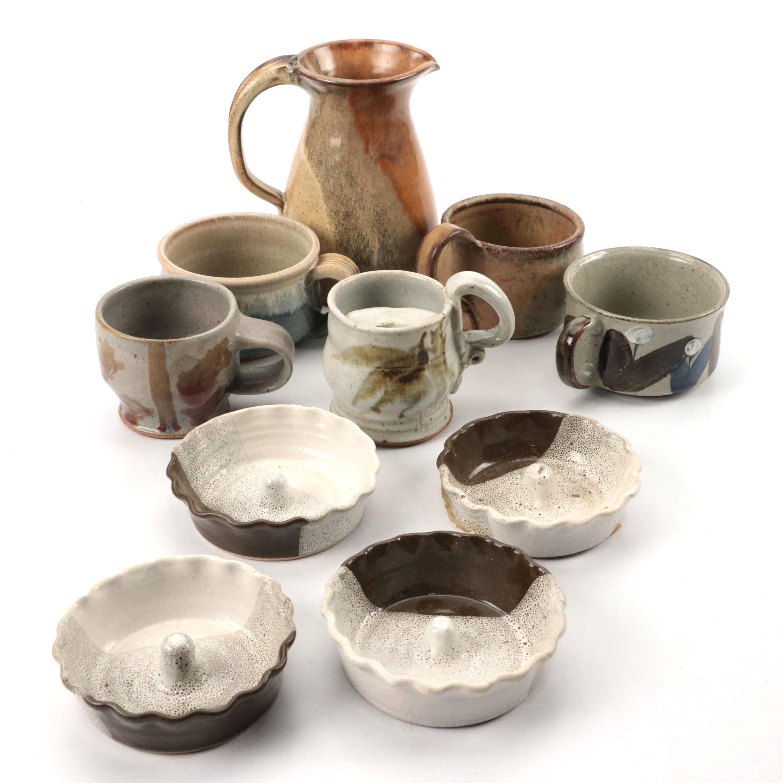 Art Pottery Pitcher, Mugs, Brush Pot and Apple Bakers