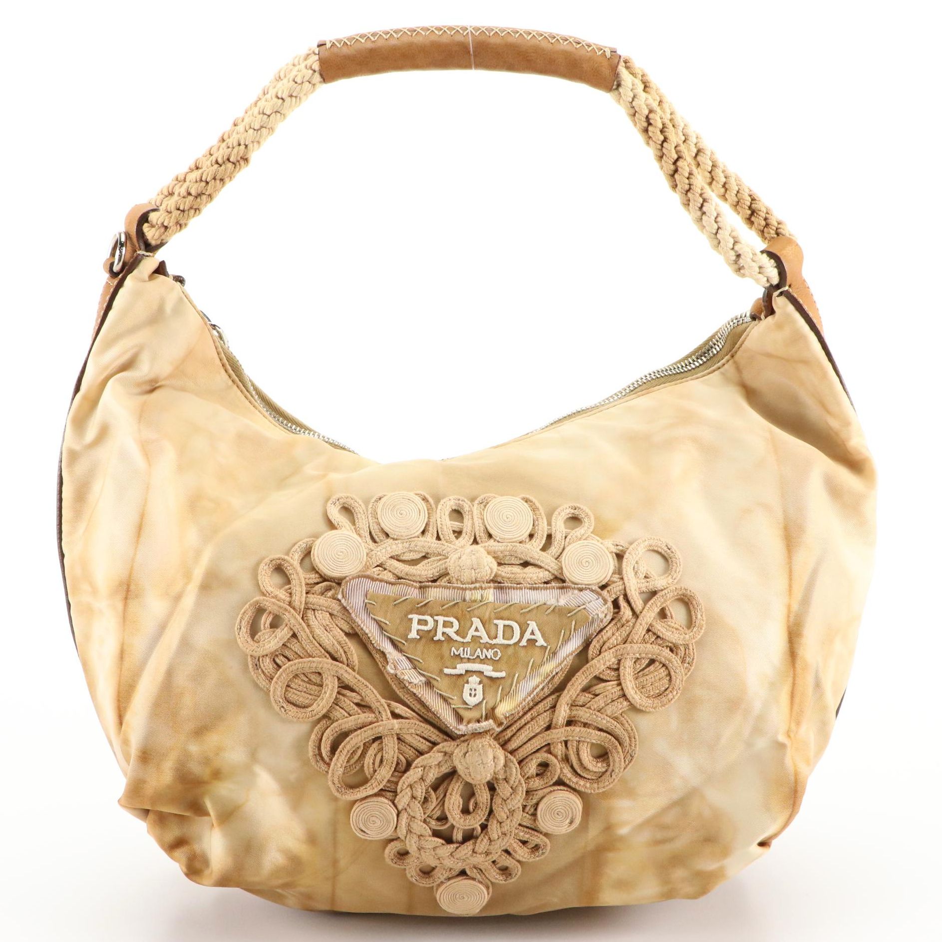 Prada Brown Embroidered Tie-Dye Tessuto and Leather Trim Hobo Handbag