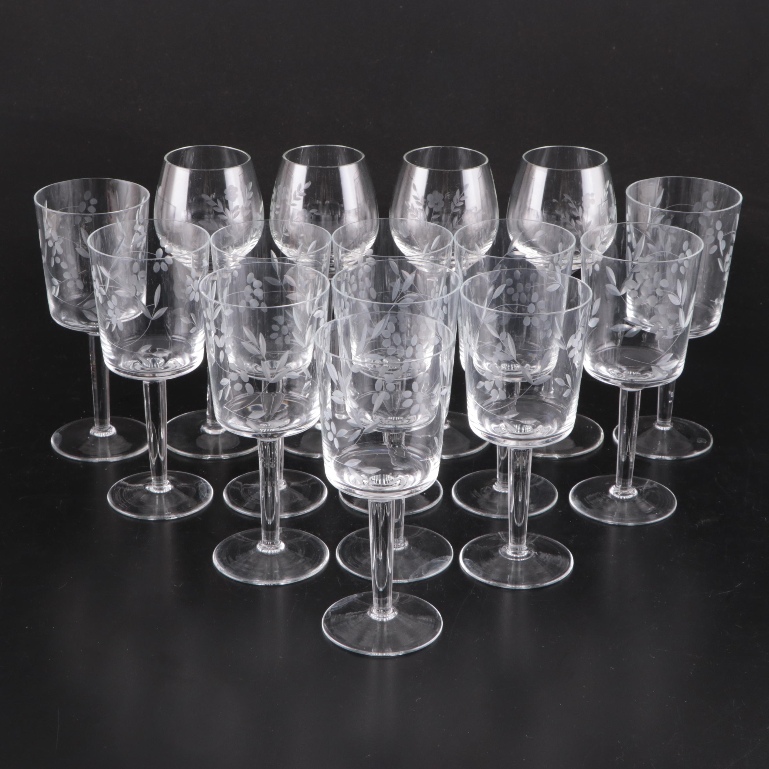 Etched Glass Wine Glasses, Mid to Late 20th Century