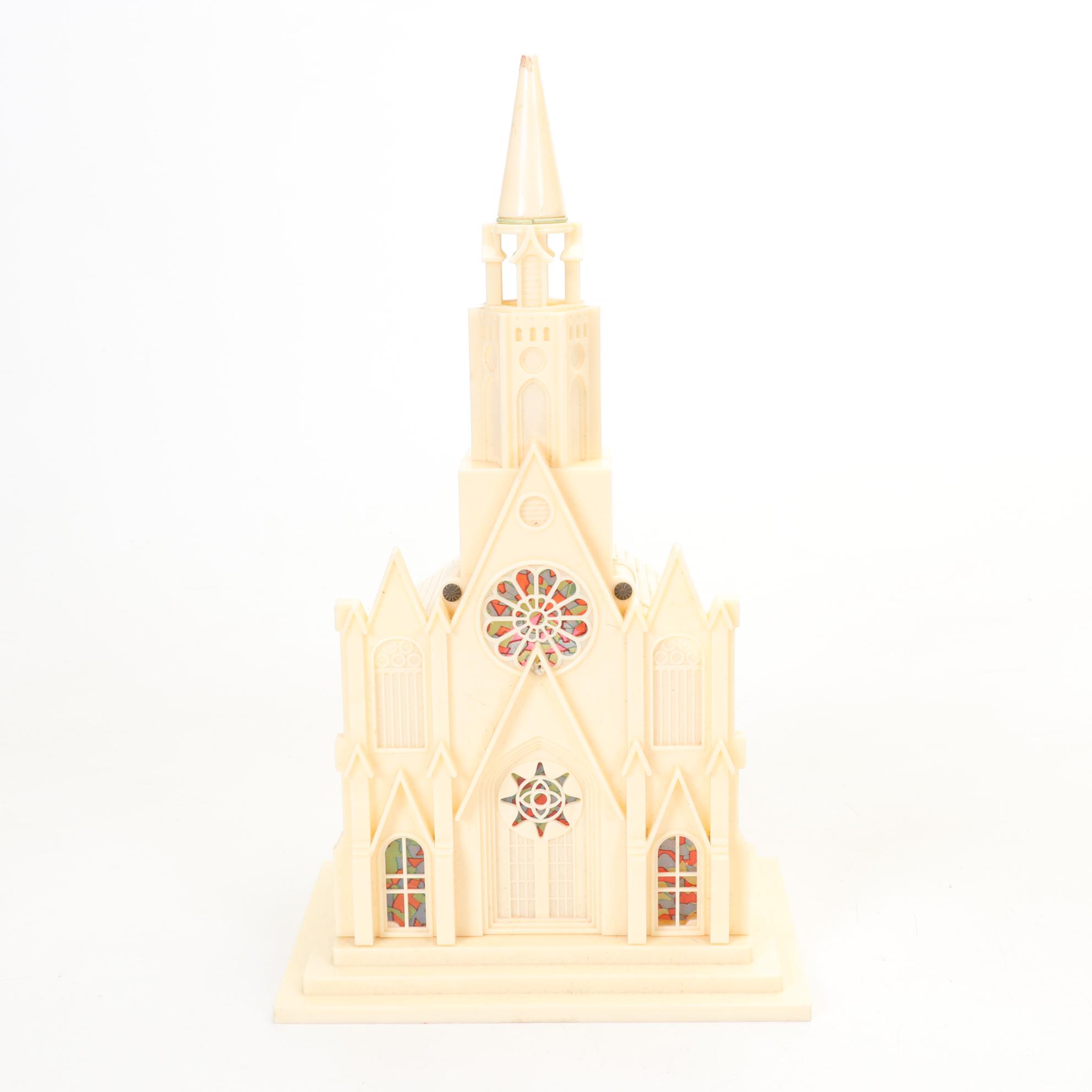 Church Putz Building With Built-In Music Box and Italian Nativity Figures