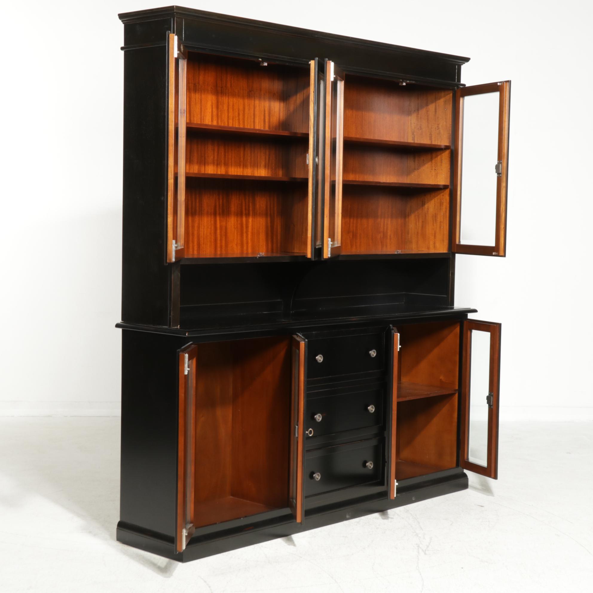 Arhaus Furniture Ebonized Wood and Glass Bookcase-on-Cabinet