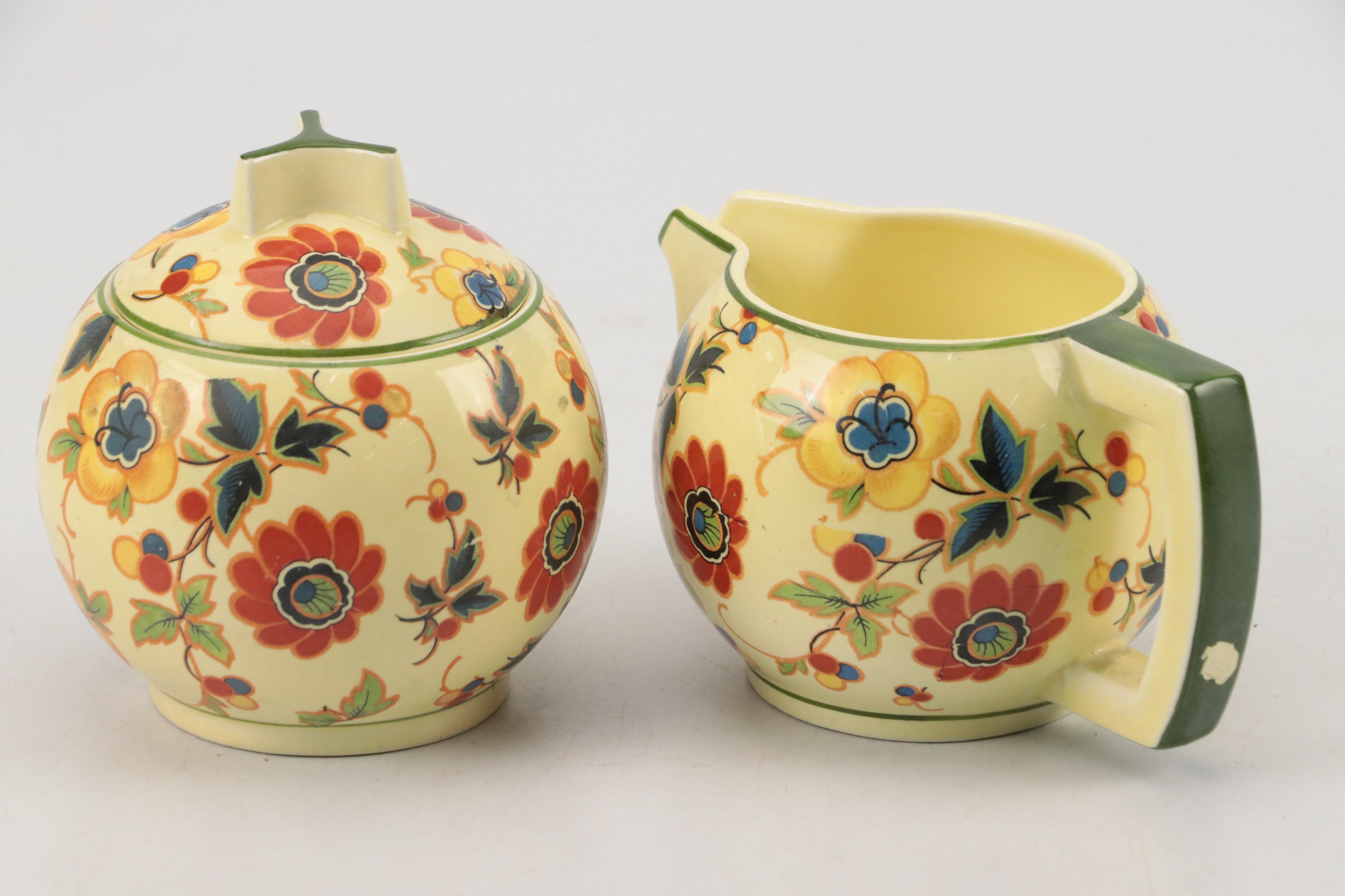 German Art Deco Style Ceramic Tea Set with Blown Glass Teapot, 20th Century