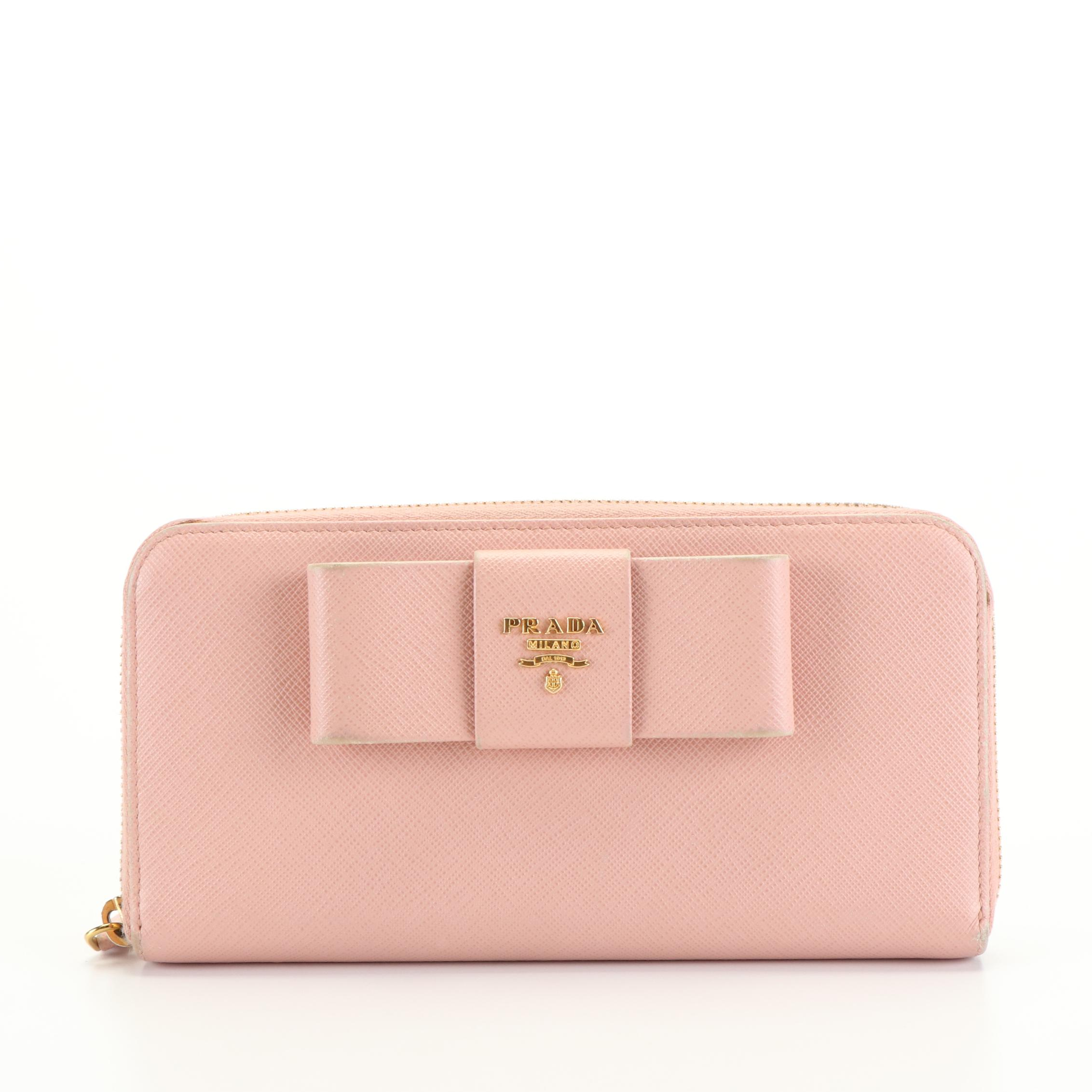 Prada Pink Orchid Saffiano Leather Zip Around Wallet with Bow Detail