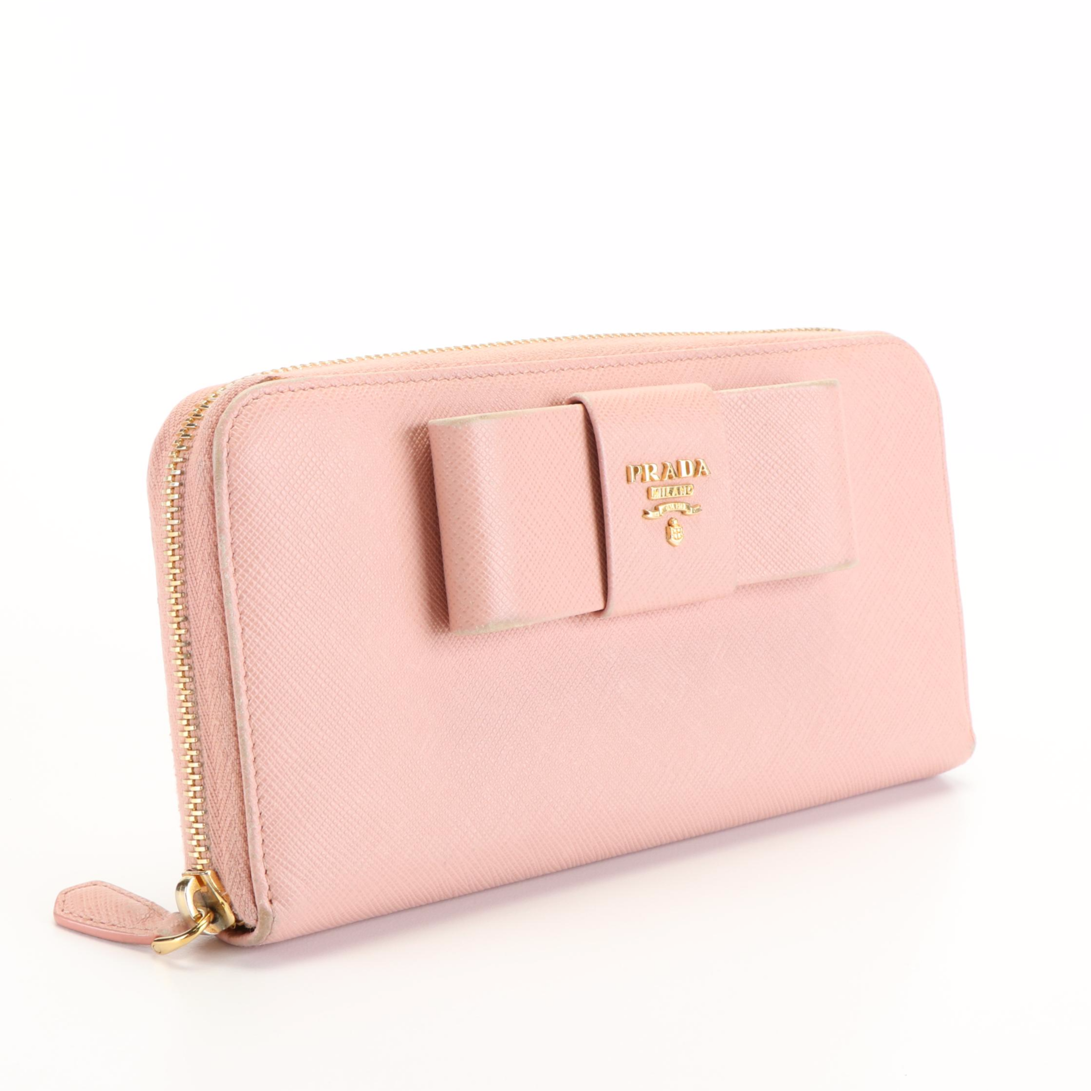 Prada Pink Orchid Saffiano Leather Zip Around Wallet with Bow Detail