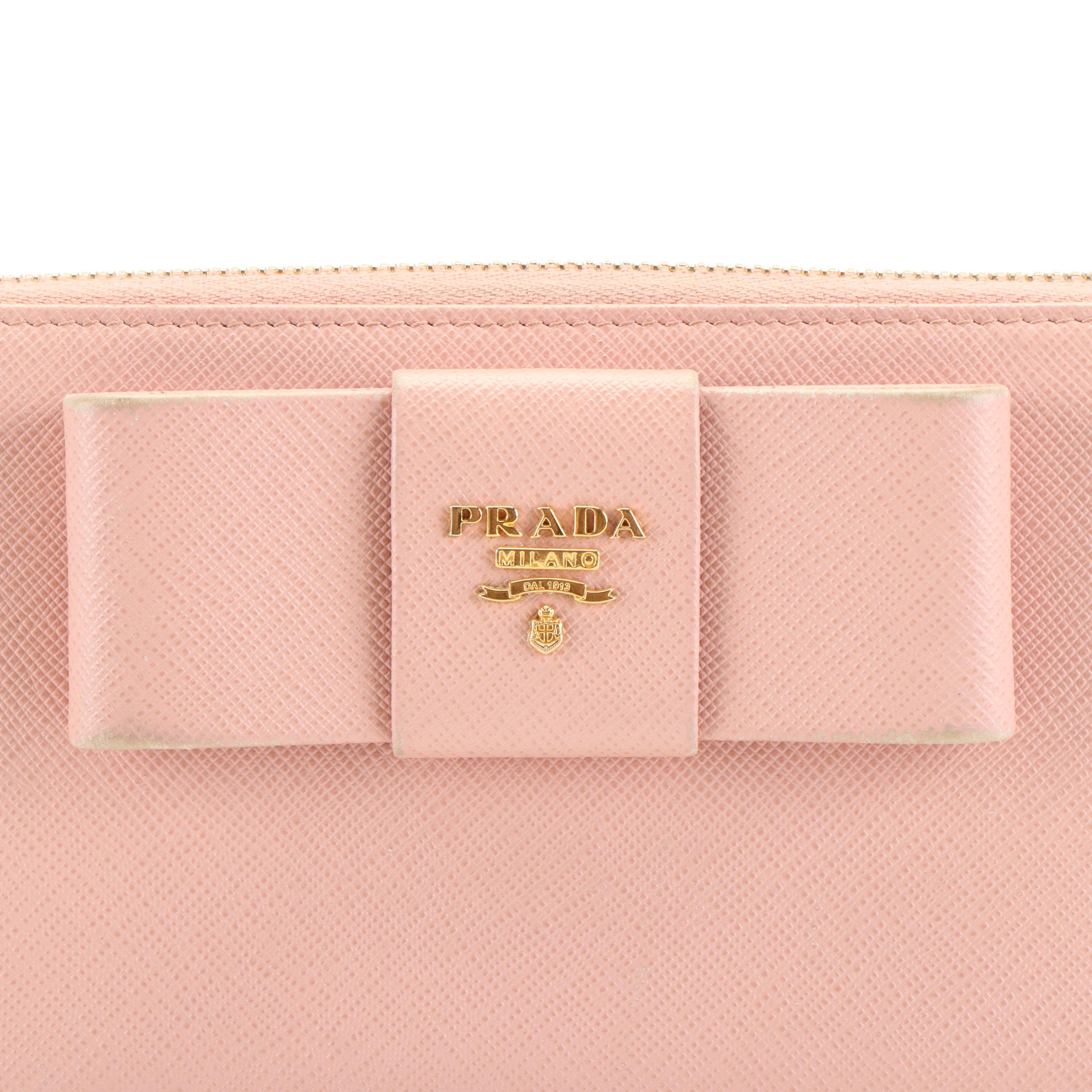Prada Pink Orchid Saffiano Leather Zip Around Wallet with Bow Detail