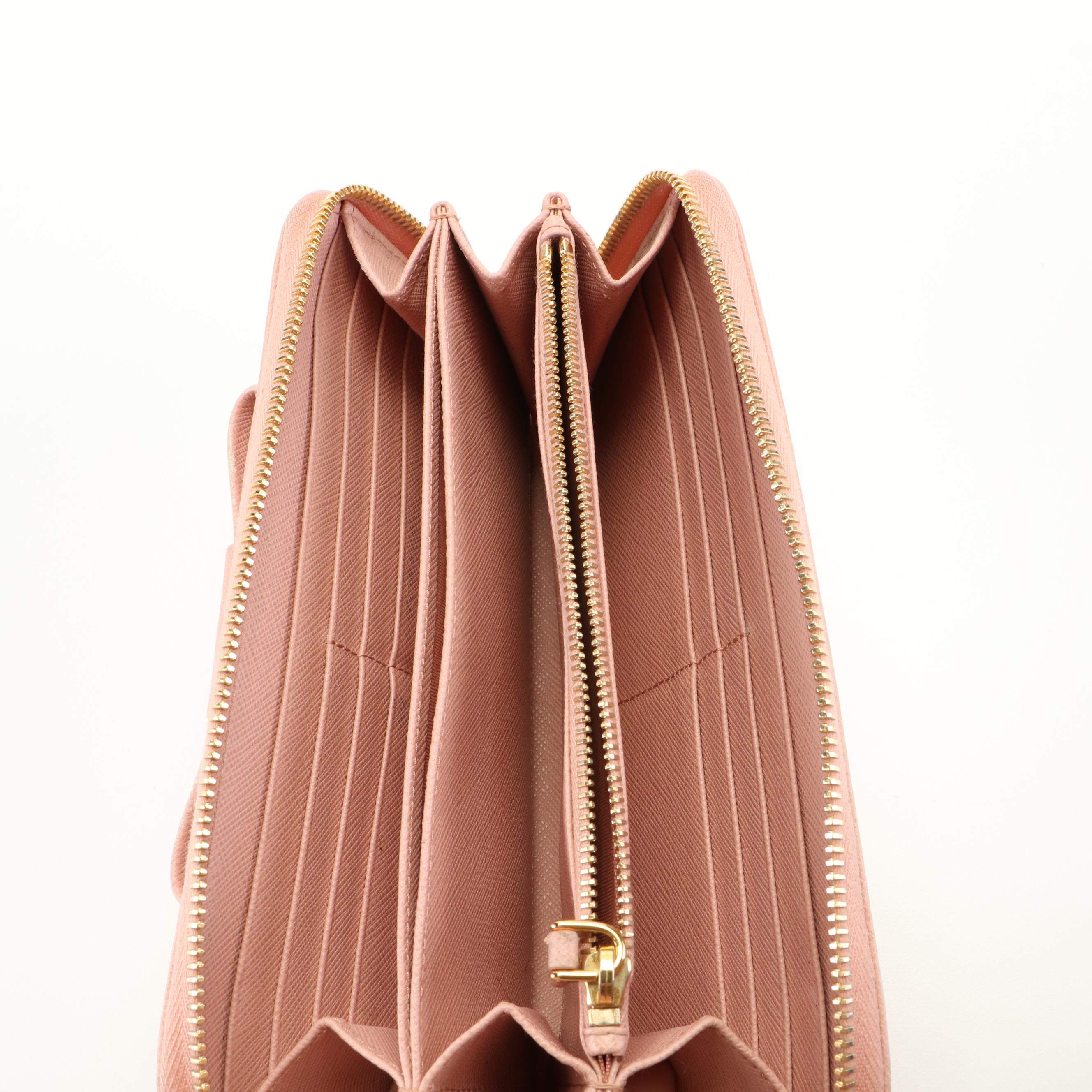 Prada Pink Orchid Saffiano Leather Zip Around Wallet with Bow Detail