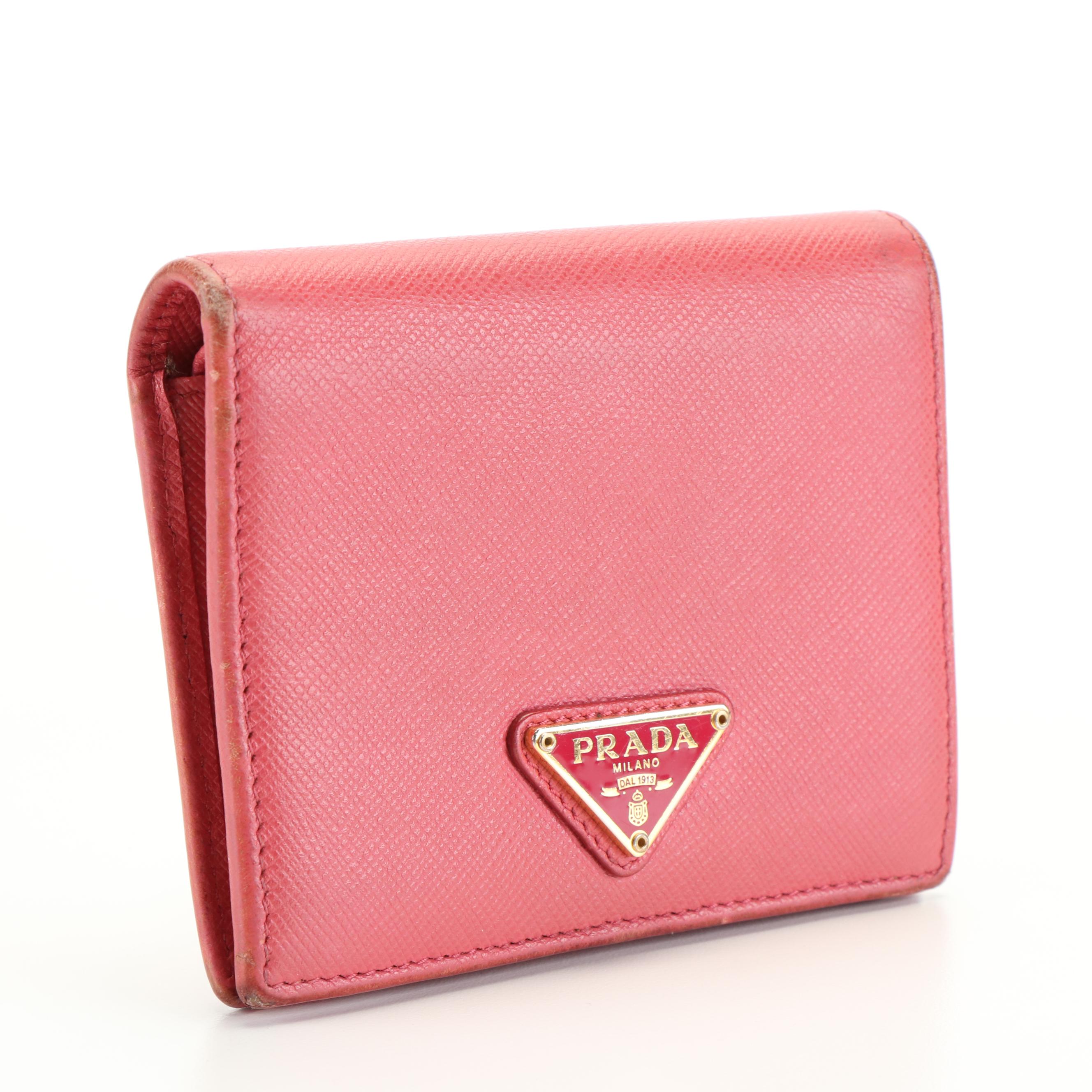 Prada Triangle Logo Pink Saffiano Leather Bifold Wallet