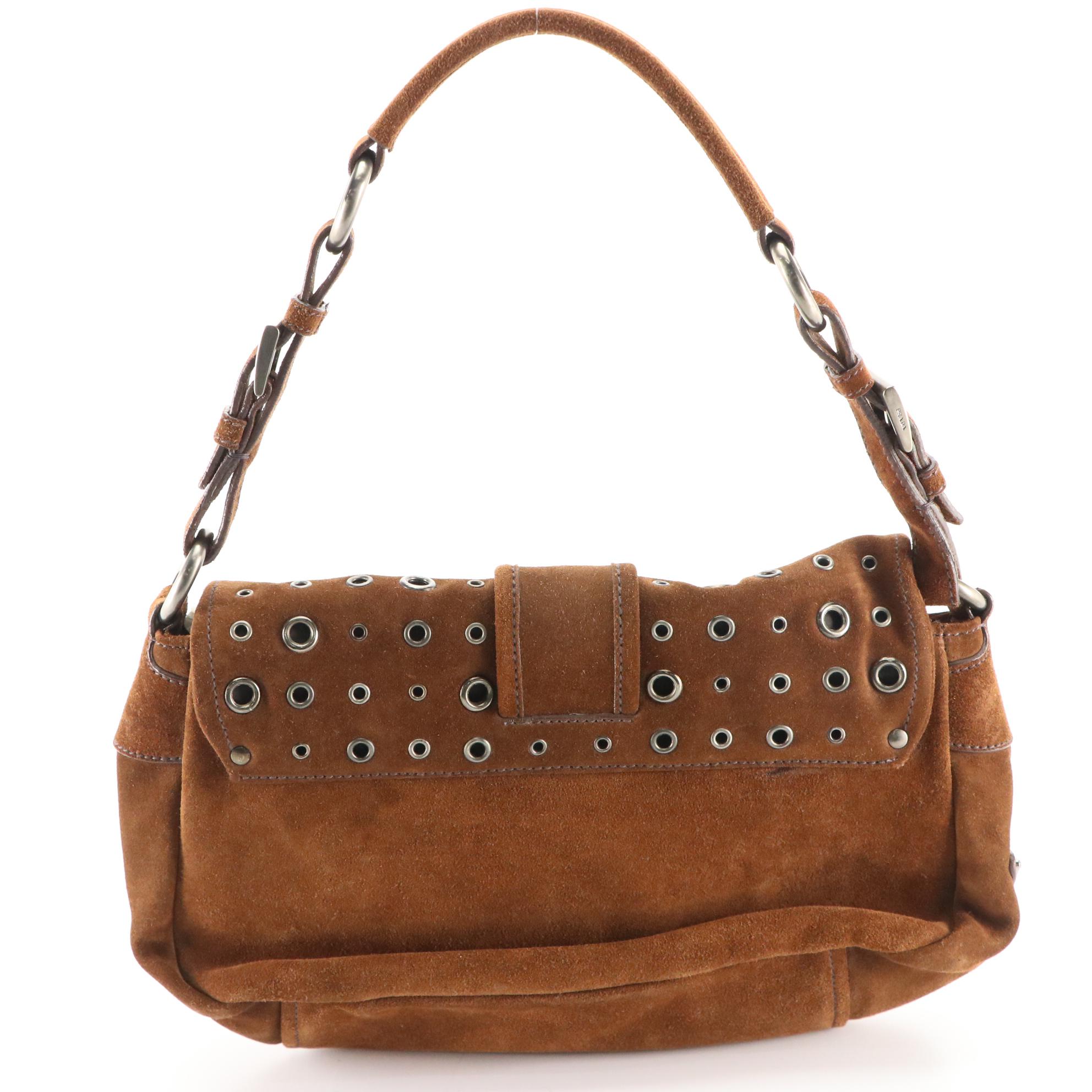 Prada Brown Suede Double Pocket Grommet Front Flap Handbag