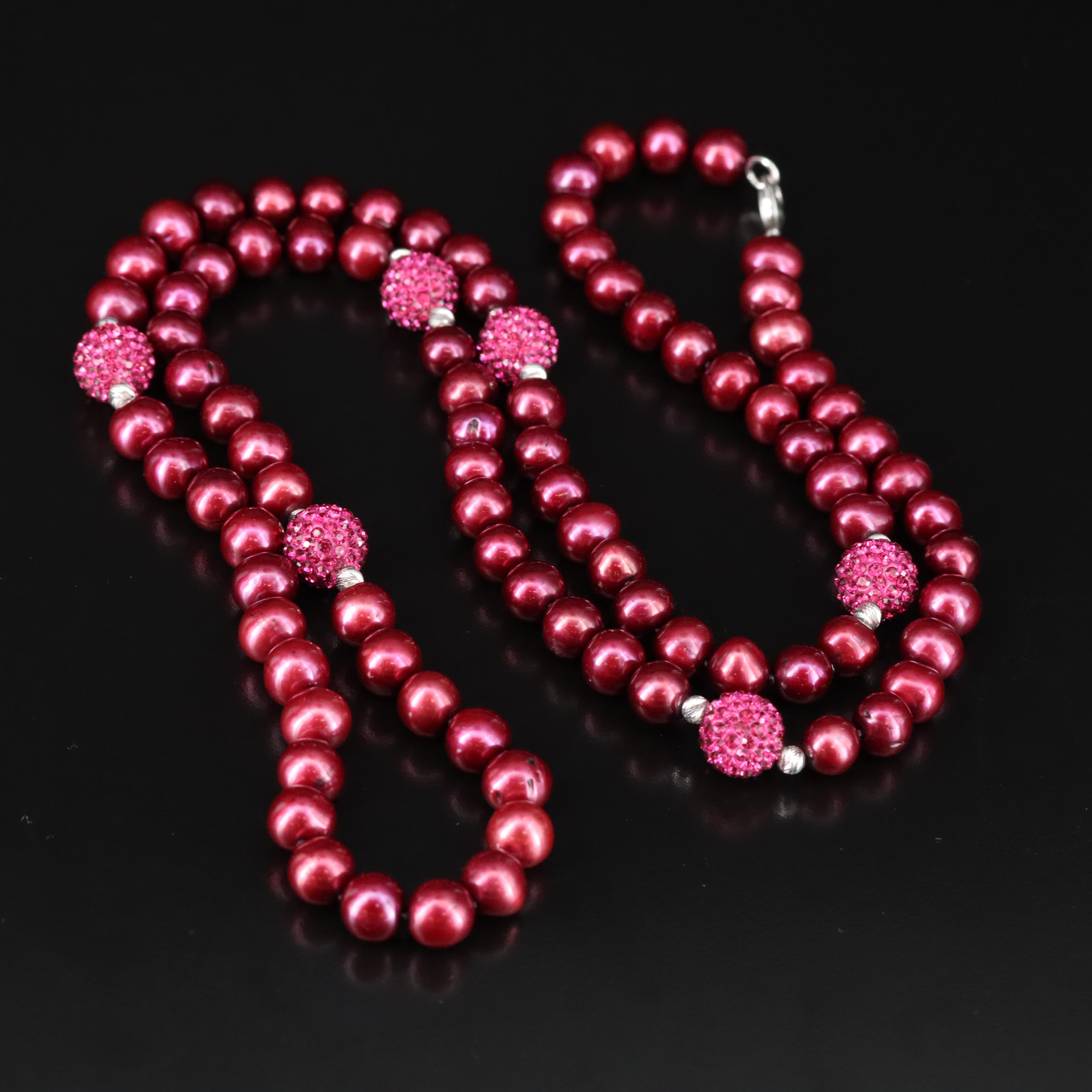 Opera Length Pearl Necklace with Rhinestone Stations and Sterling Clasp