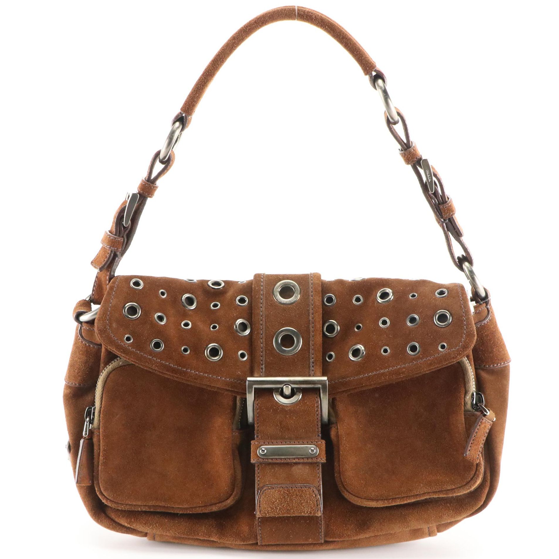 Prada Brown Suede Double Pocket Grommet Front Flap Handbag