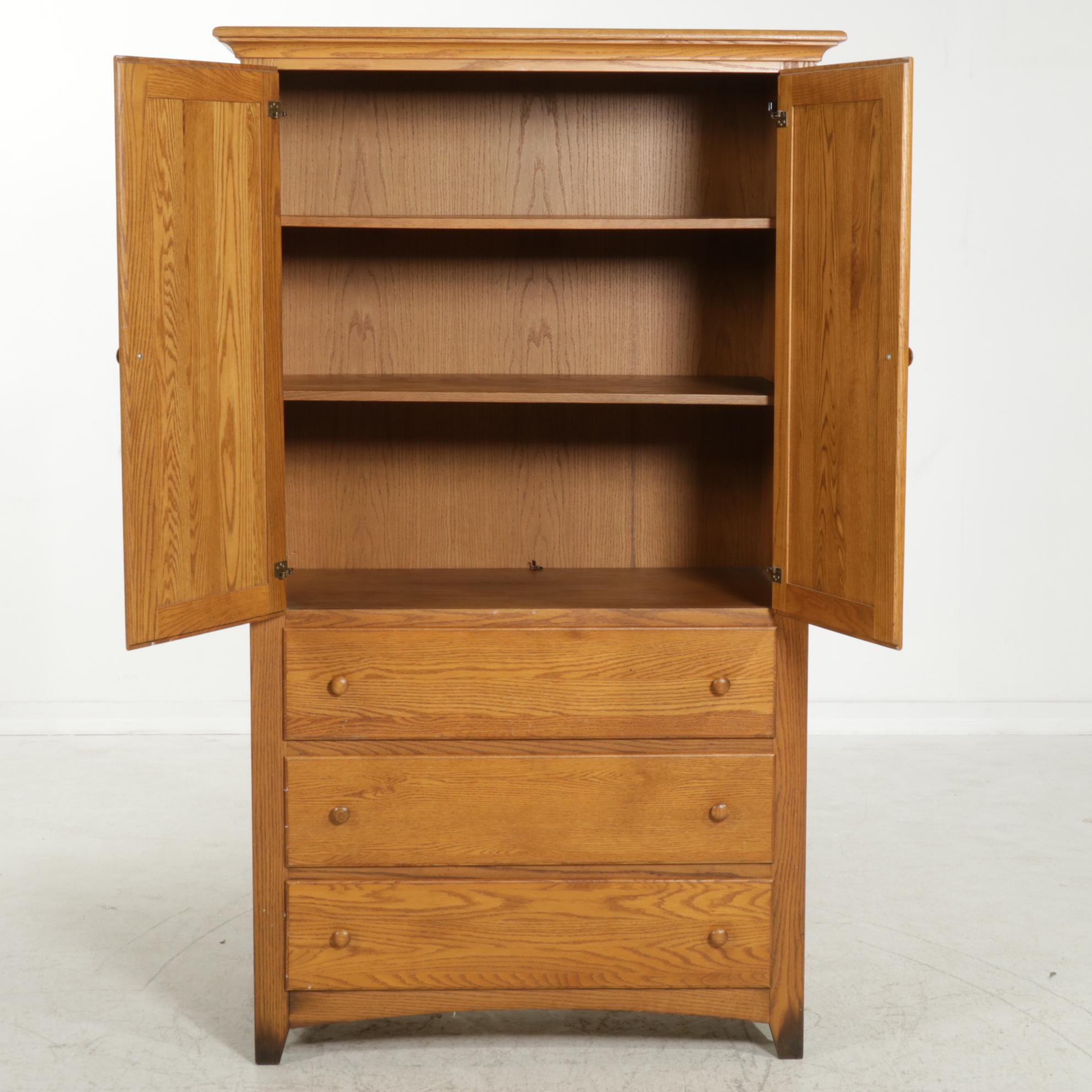 American Primitive Style Oak Wardrobe Cabinet, Late 20th Century