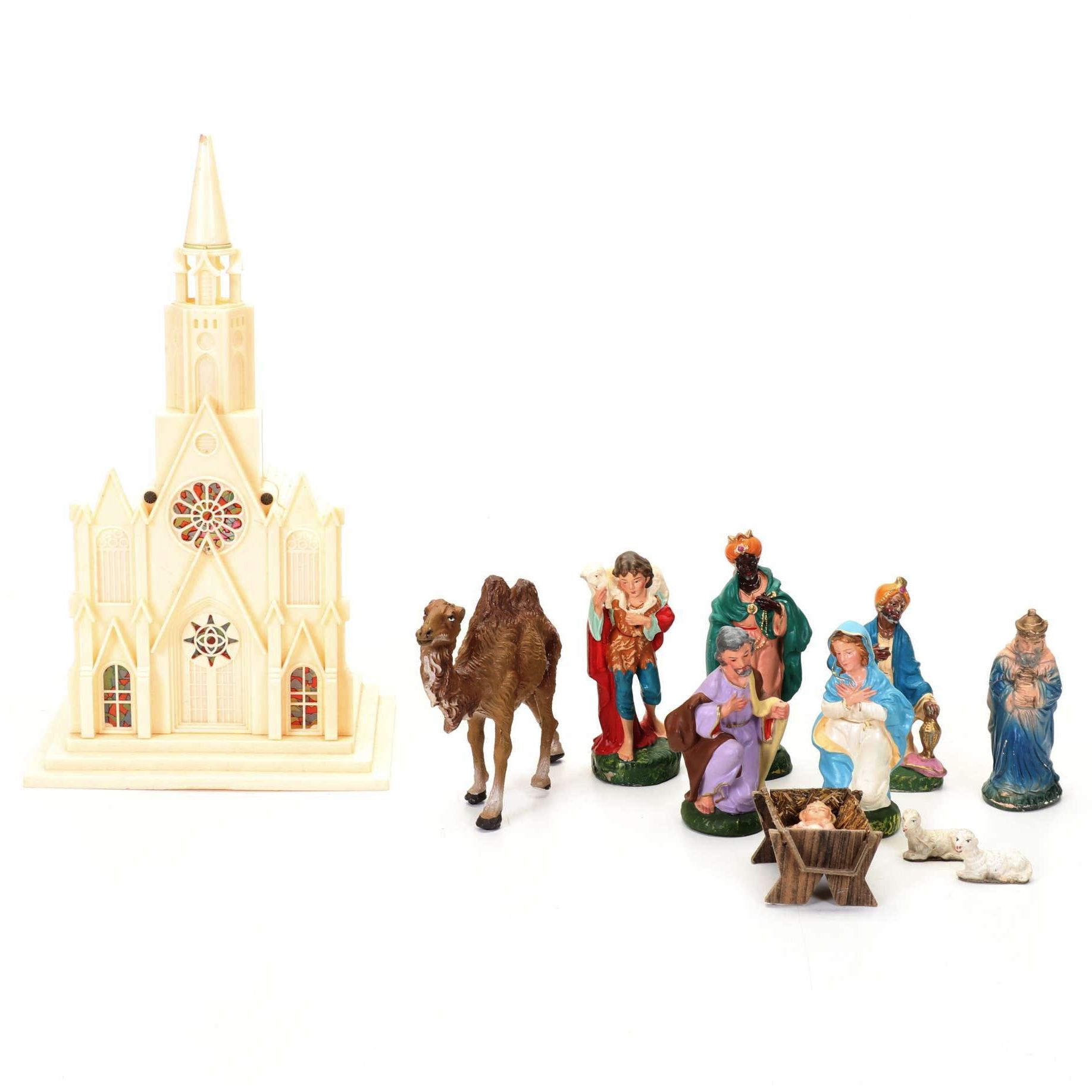 Church Putz Building With Built-In Music Box and Italian Nativity Figures