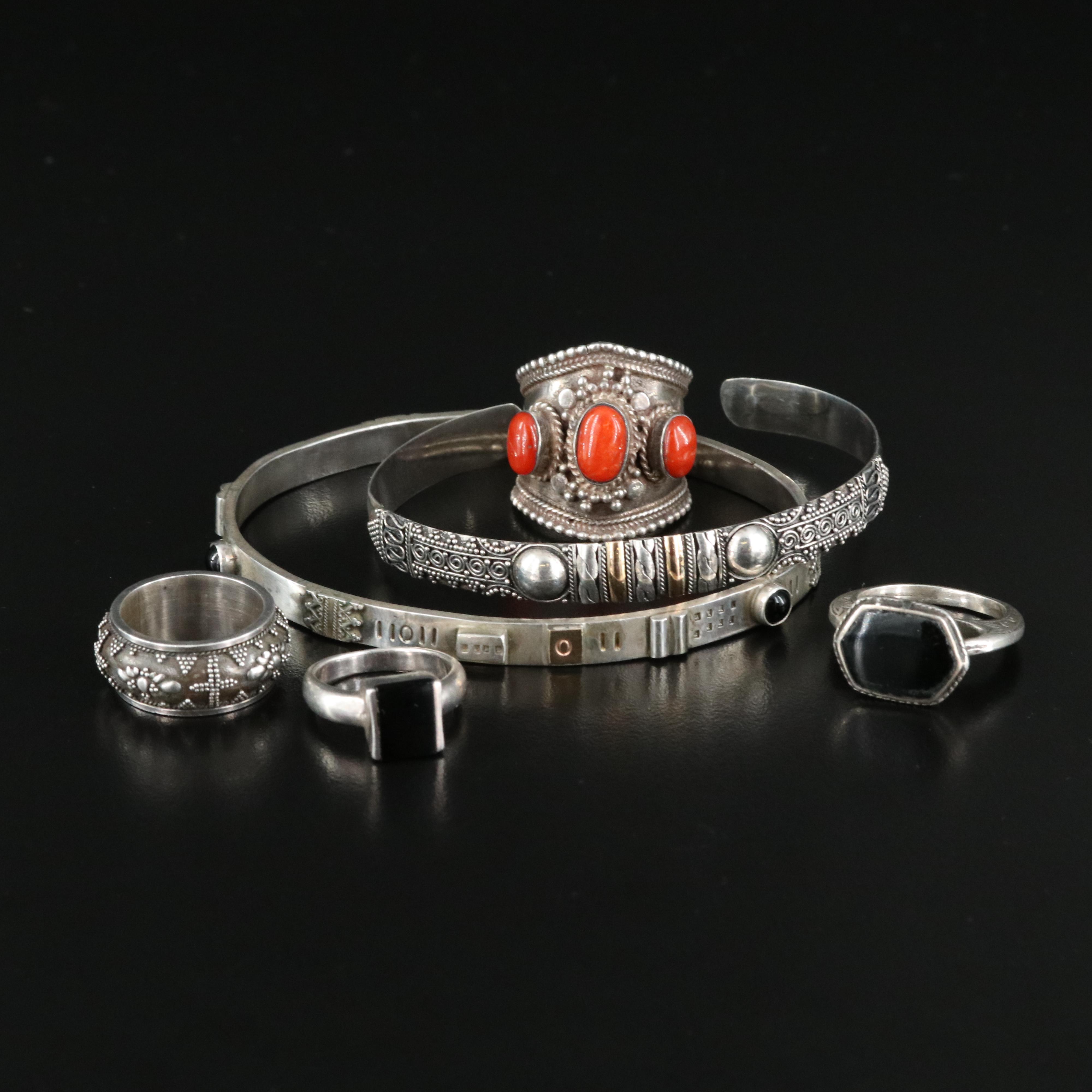 Thai Style Sterling Bracelets and Rings Including Coral