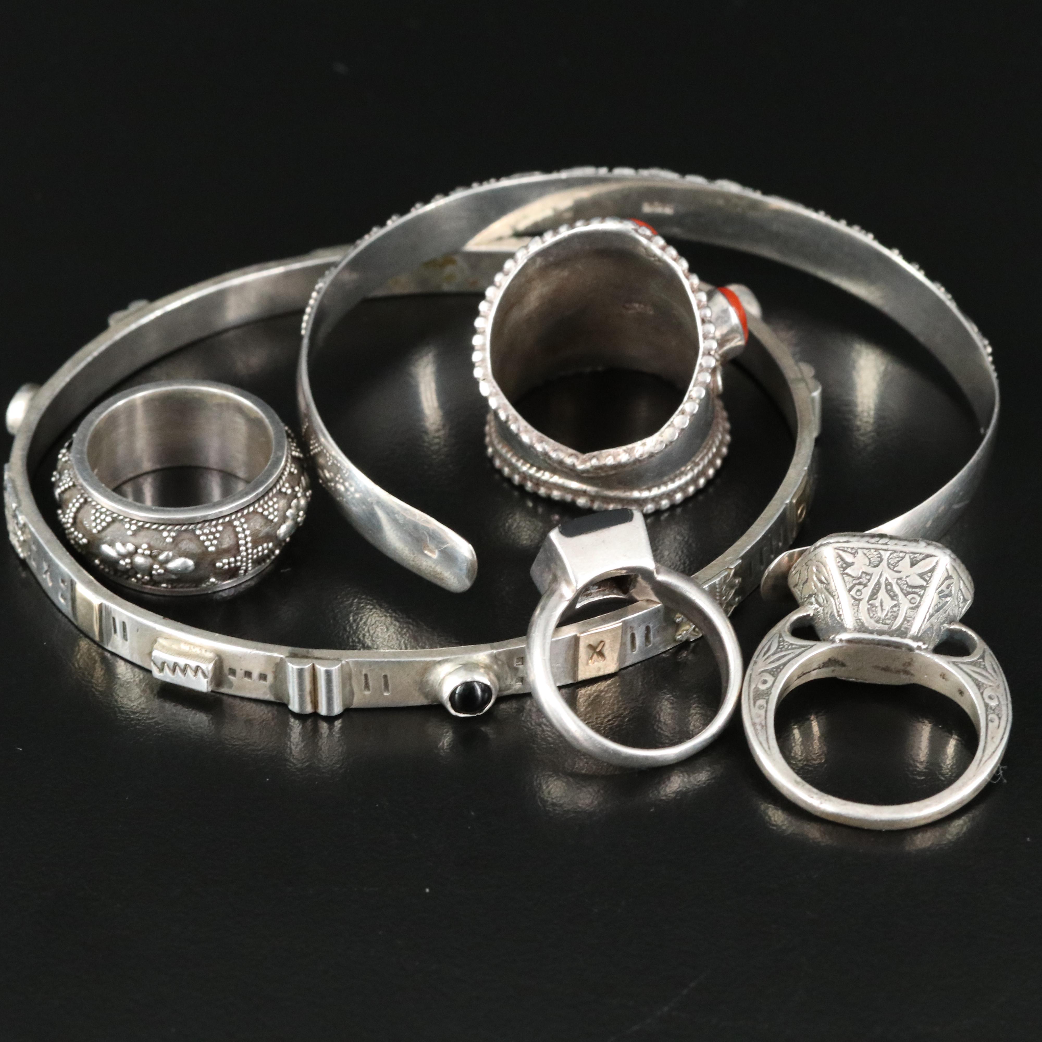 Thai Style Sterling Bracelets and Rings Including Coral
