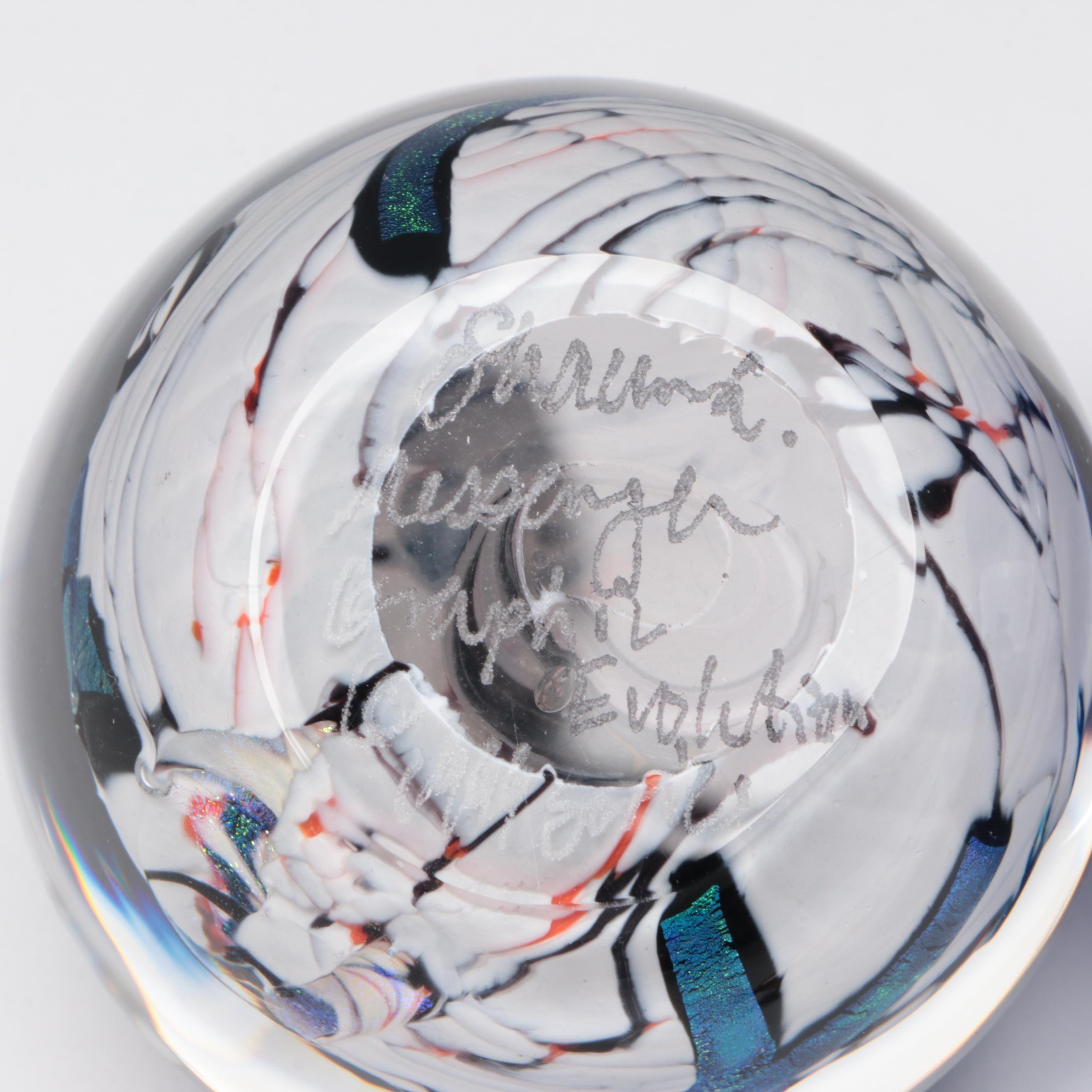 Signed Shawn Messenger and Other Blown Glass Paperweights and Pen Stand