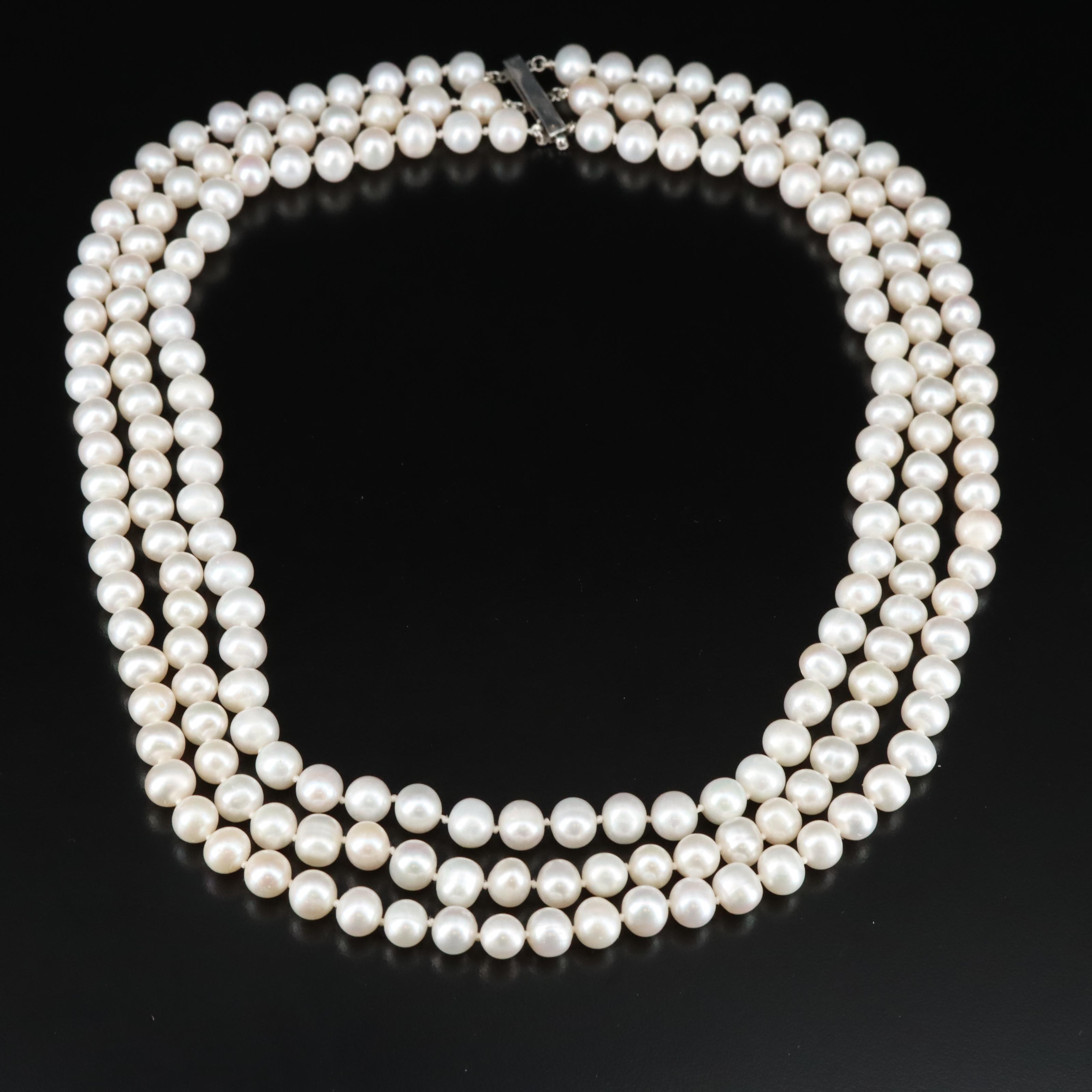 Triple Strand Pearl Necklace with Sterling Clasp