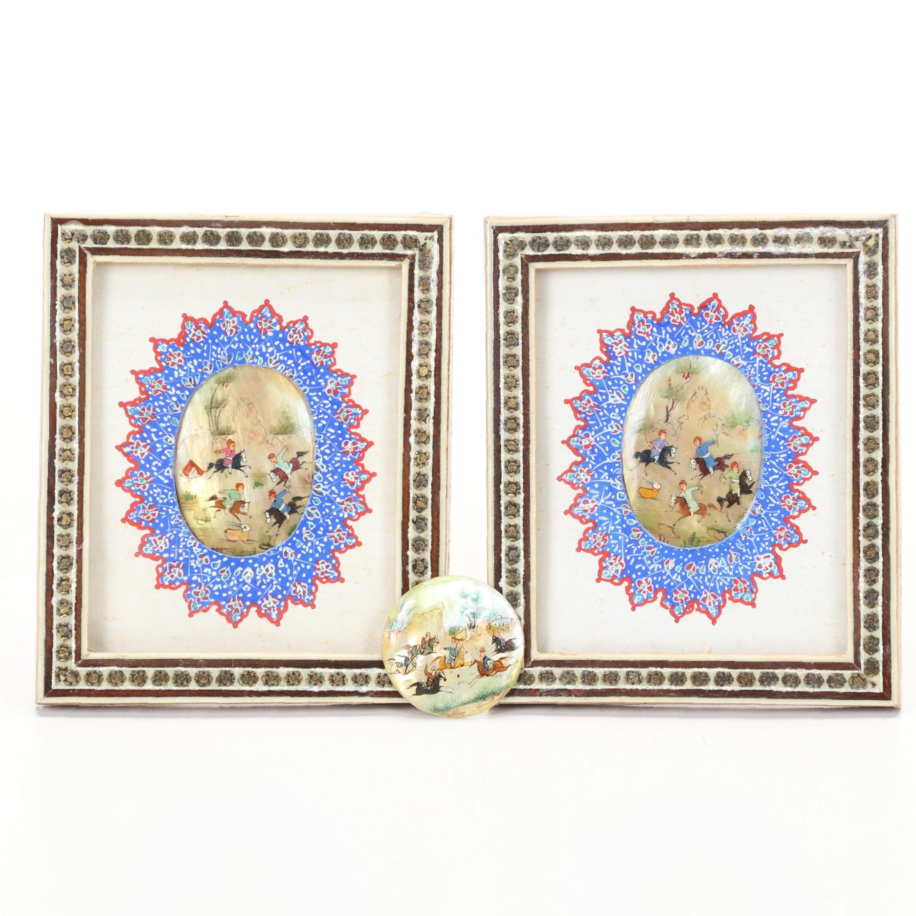 Middle Eastern Hand-Painted Shell Adornments In Brass Inlay Frames