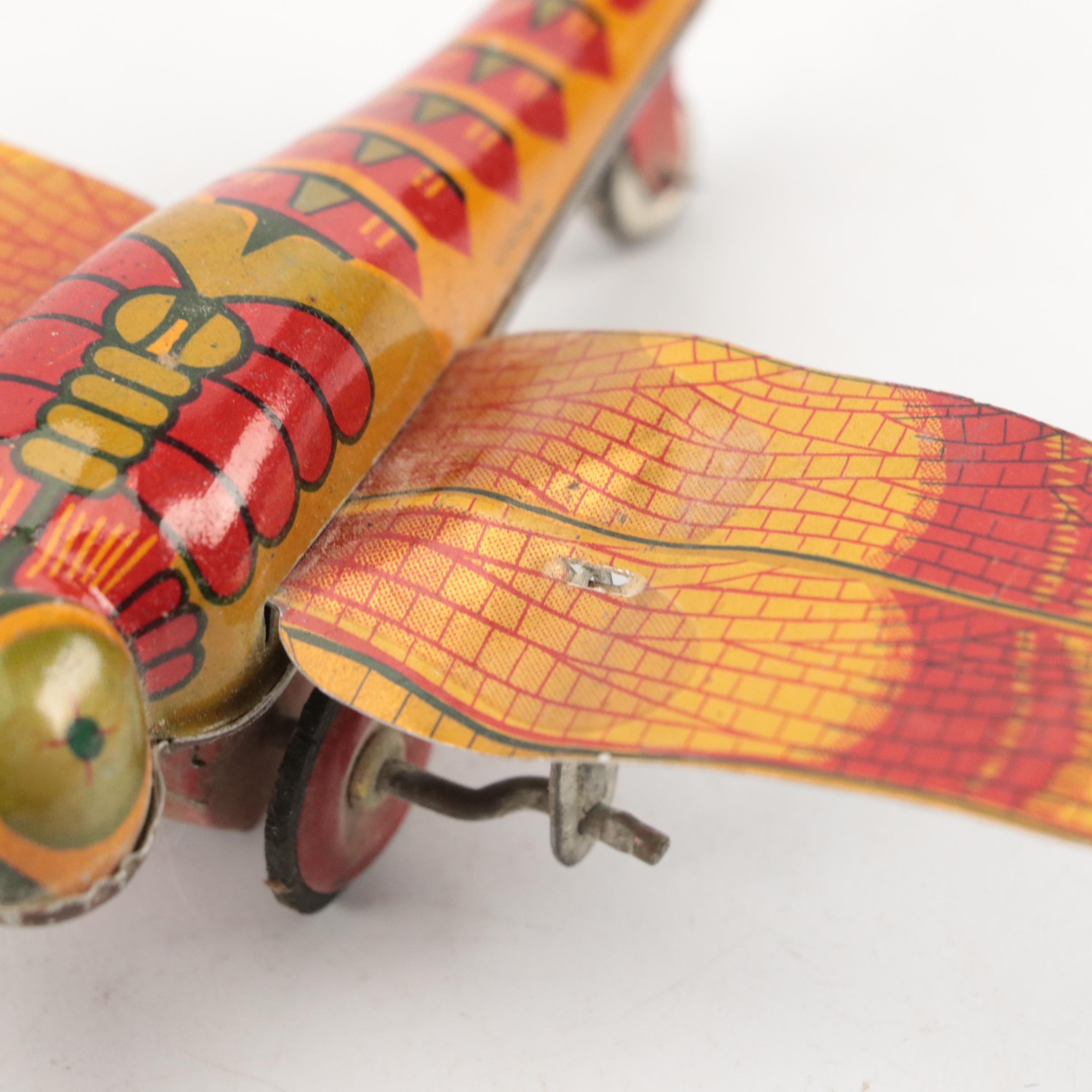 J. Chien & Co. Tin Litho Mechanical Bank with Japanese Dragonfly Wind-Up Toys