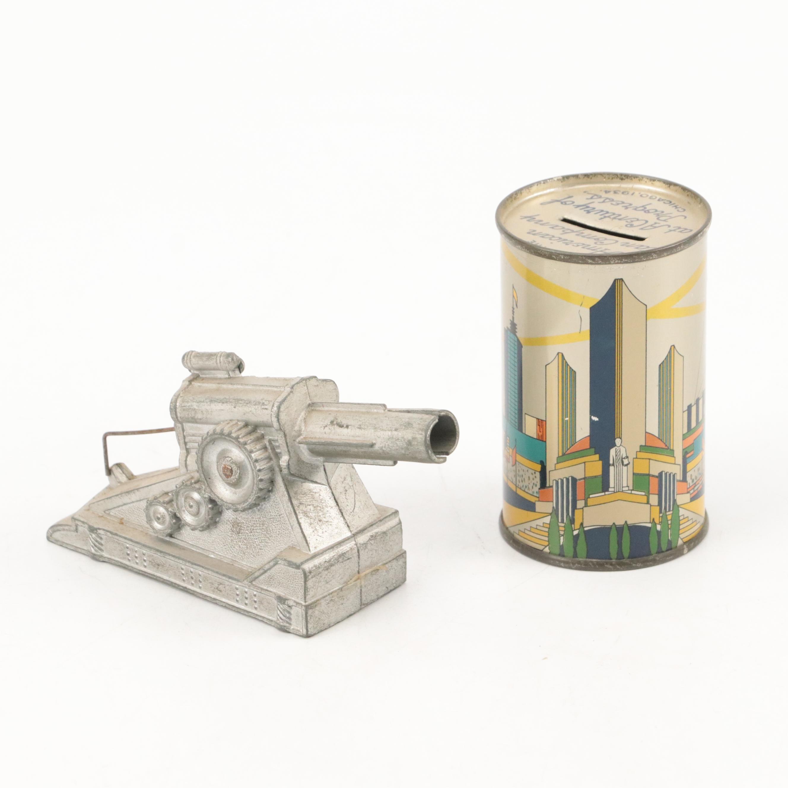 Schylling Tin Wind-Up Blimp Toy with Tin Litho Can Bank and Toy Weapons