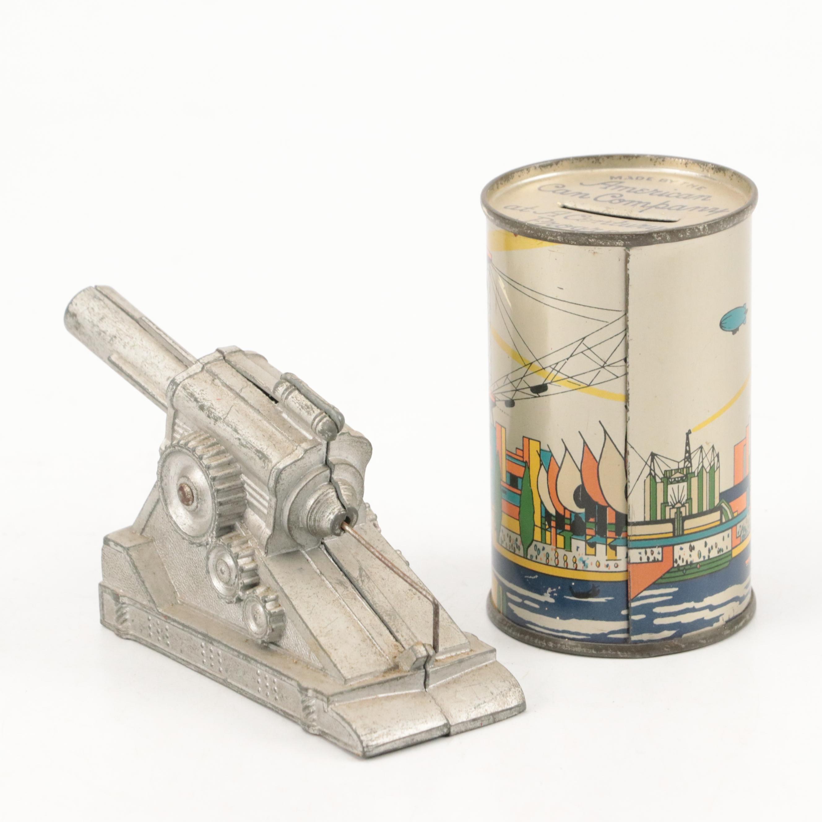 Schylling Tin Wind-Up Blimp Toy with Tin Litho Can Bank and Toy Weapons
