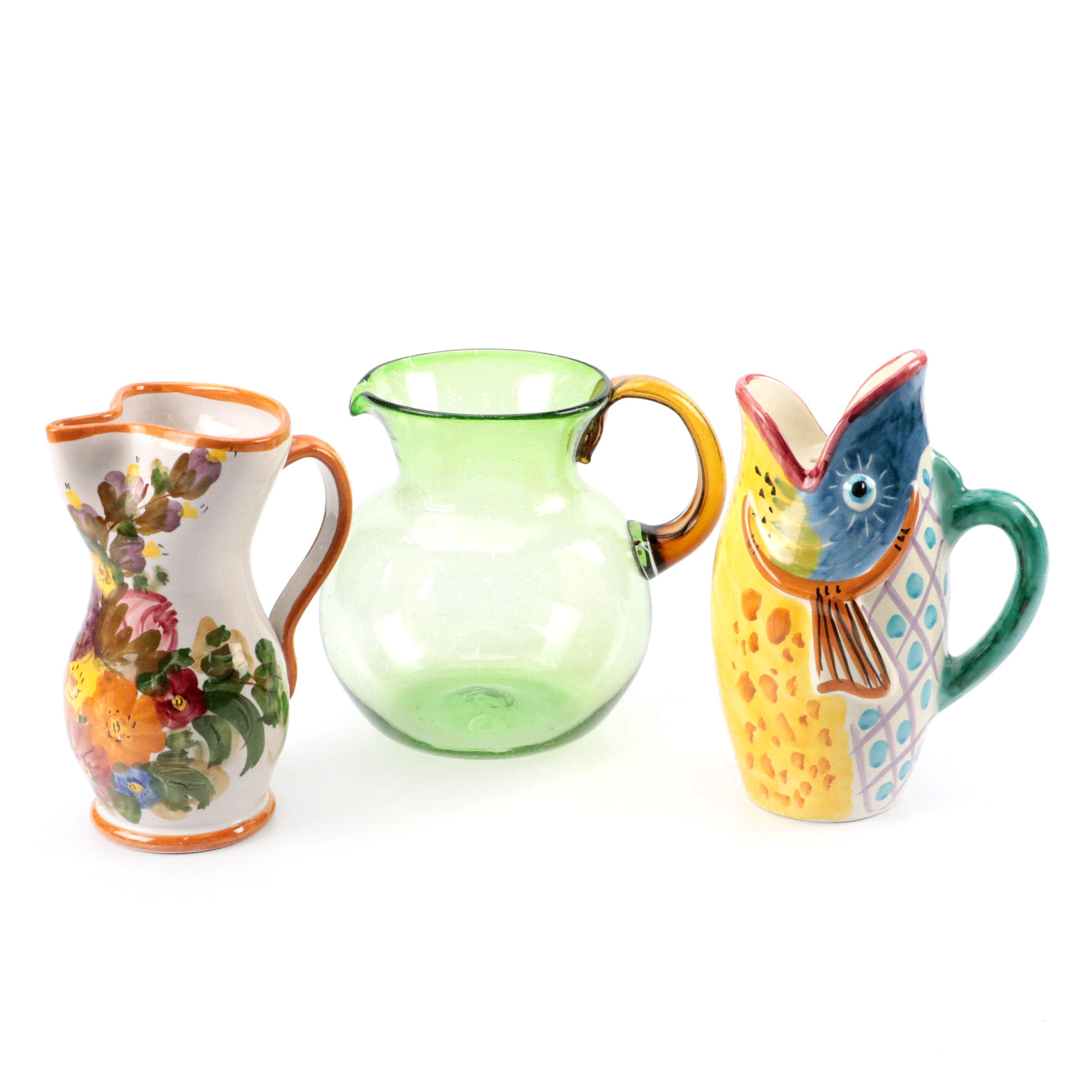 Pulsinelli and Vietritaly Italian Majolica Pitchers with Blown Art Glass Pitcher