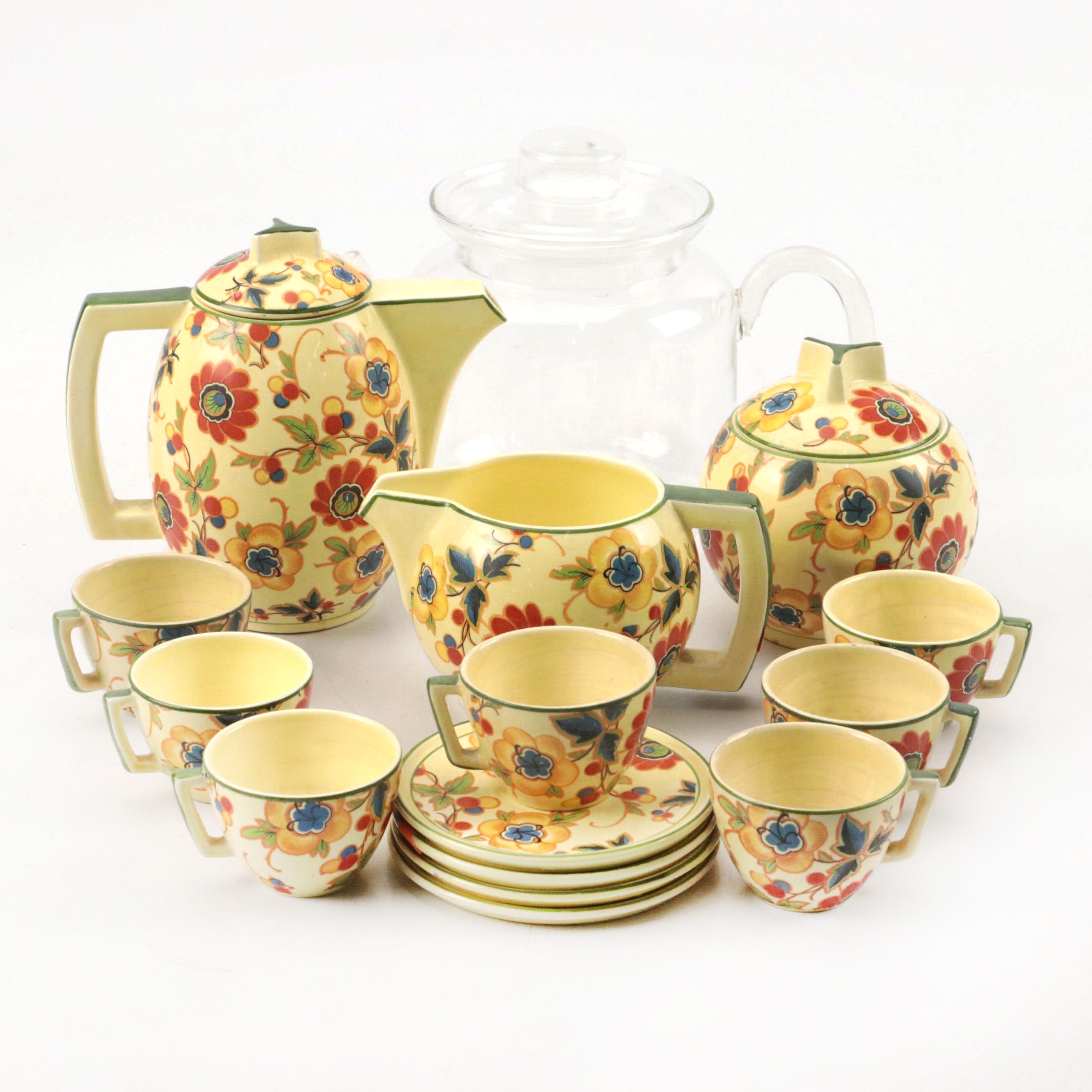 German Art Deco Style Ceramic Tea Set with Blown Glass Teapot, 20th Century