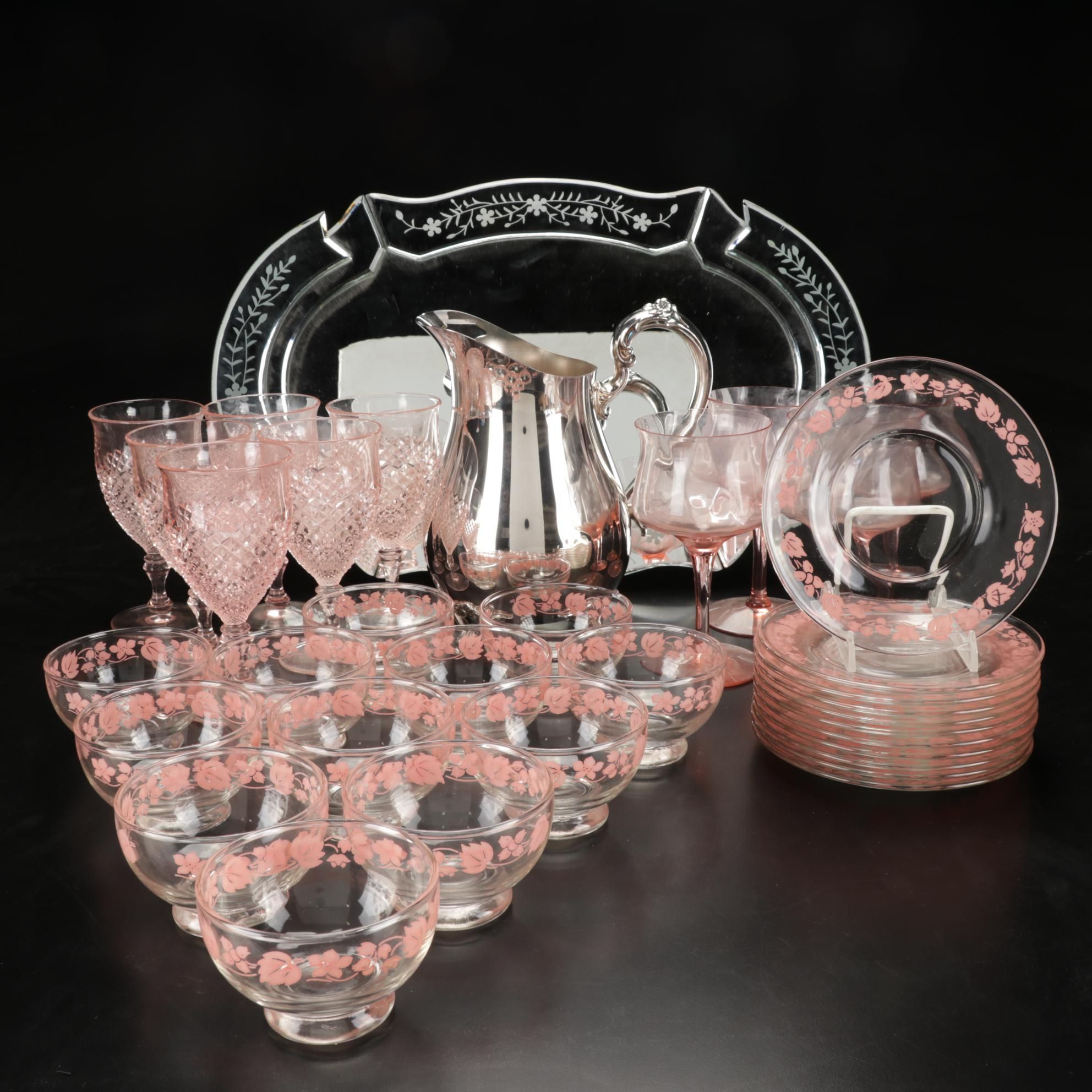 Heisey "Gayoso" and Other Pink Stemware, Venetian Mirror Tray, and Snack Set