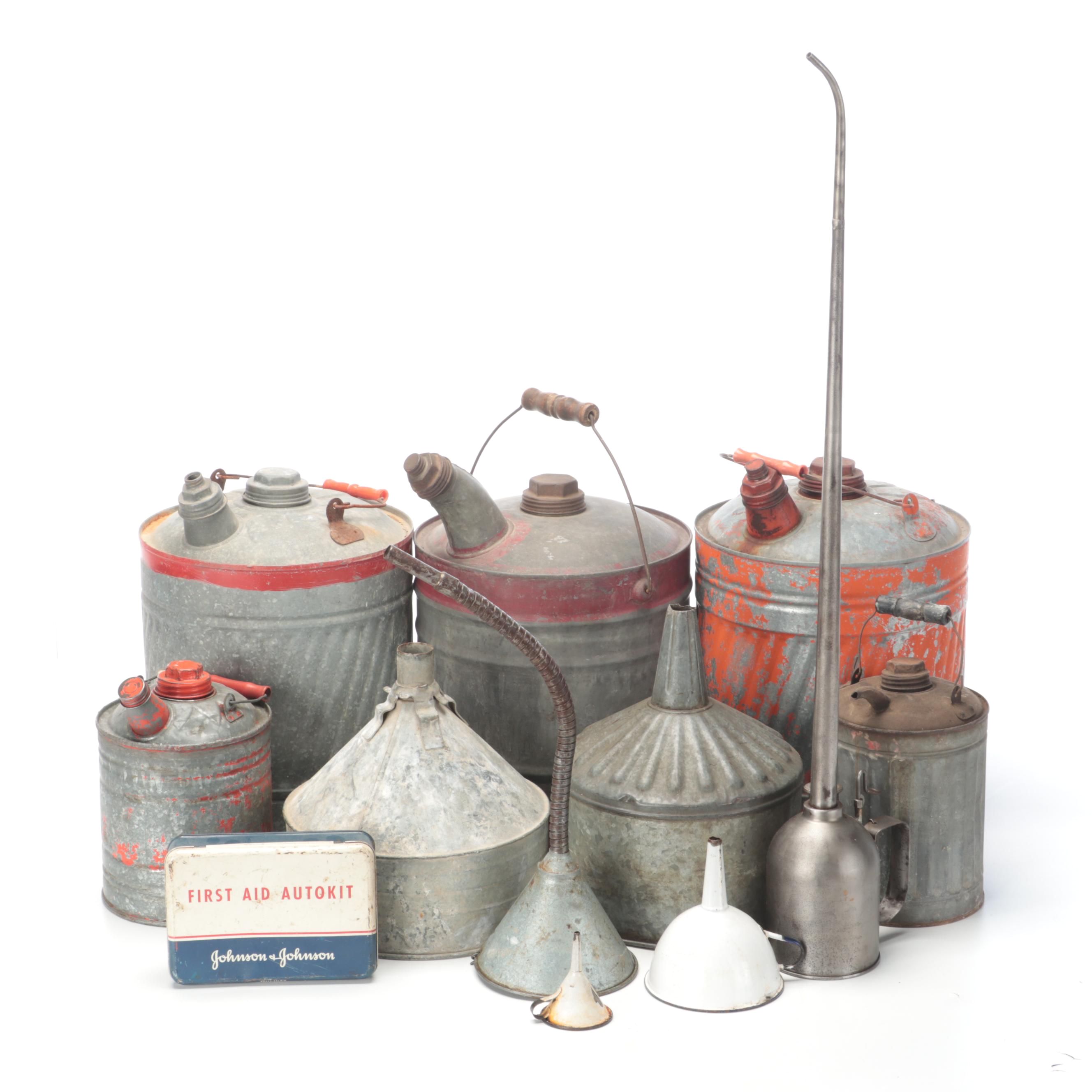 Galvanized Metal Oil Drums With Funnels and More, Early 20th C