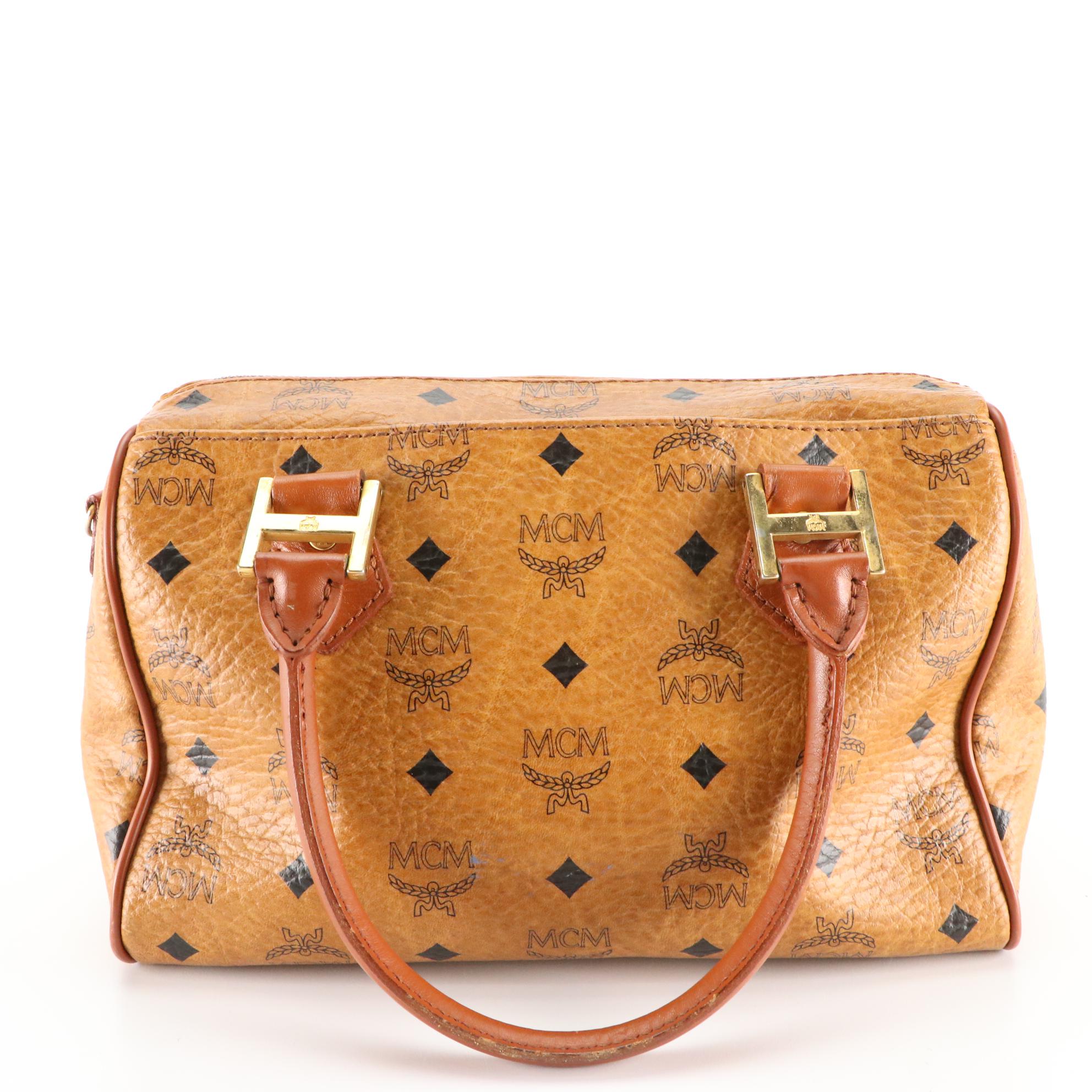 MCM Boston Bag in Visetos Coated Canvas and Cognac Leather Trim