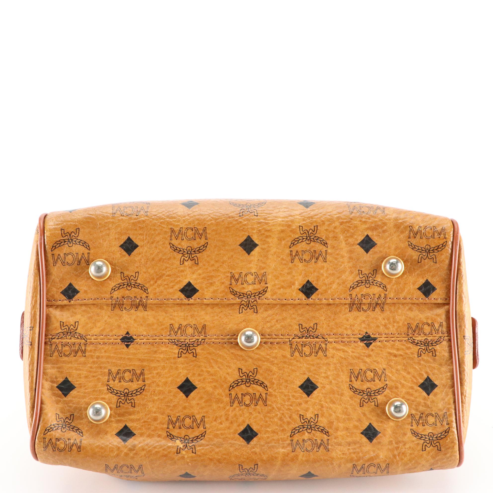 MCM Boston Bag in Visetos Coated Canvas and Cognac Leather Trim