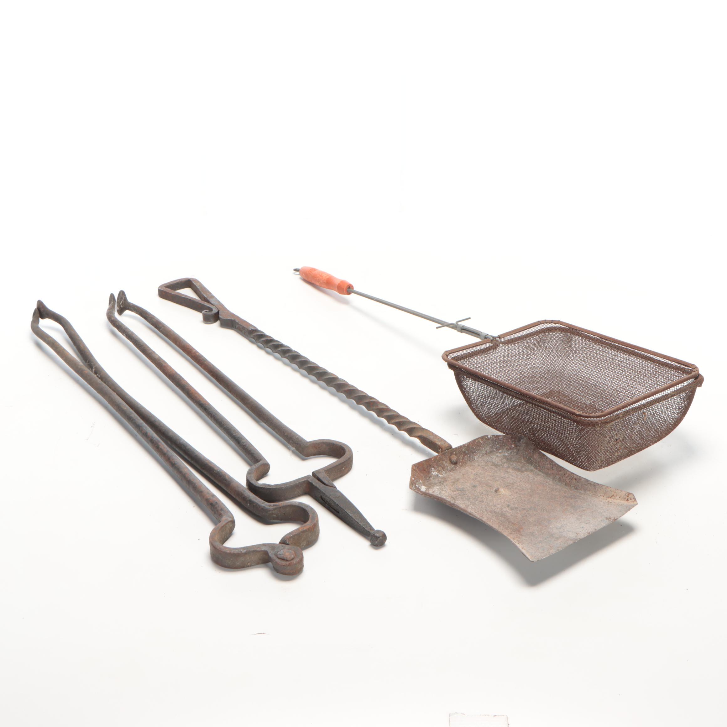 Wrought Iron Fireplace Log Grabbers, Ash Shovel and Basket Fryer
