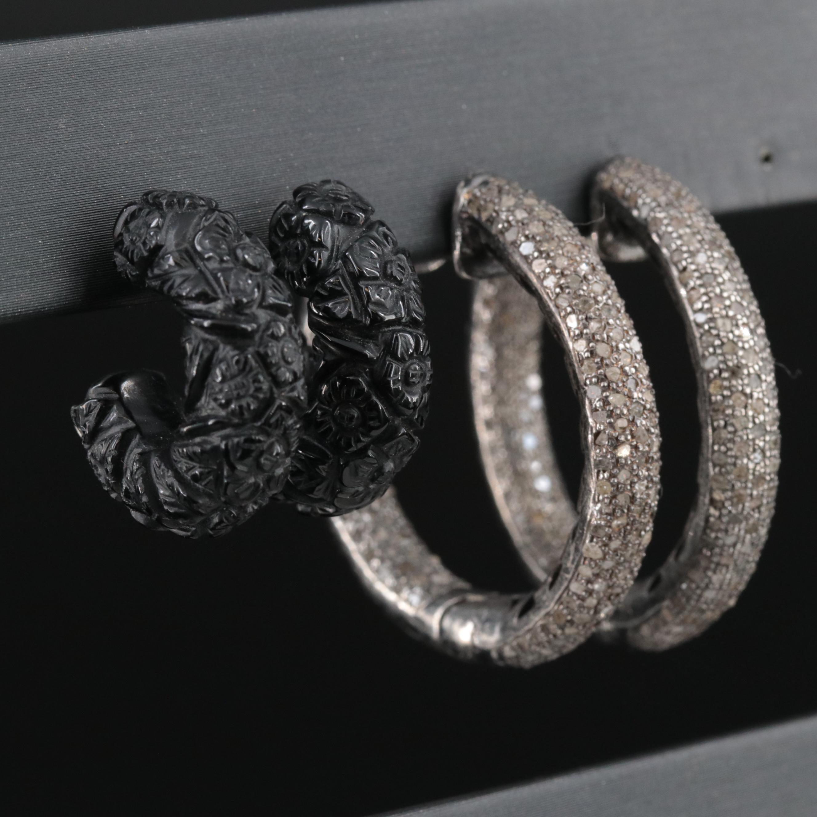 Sterling Diamond and Black Onyx Earrings