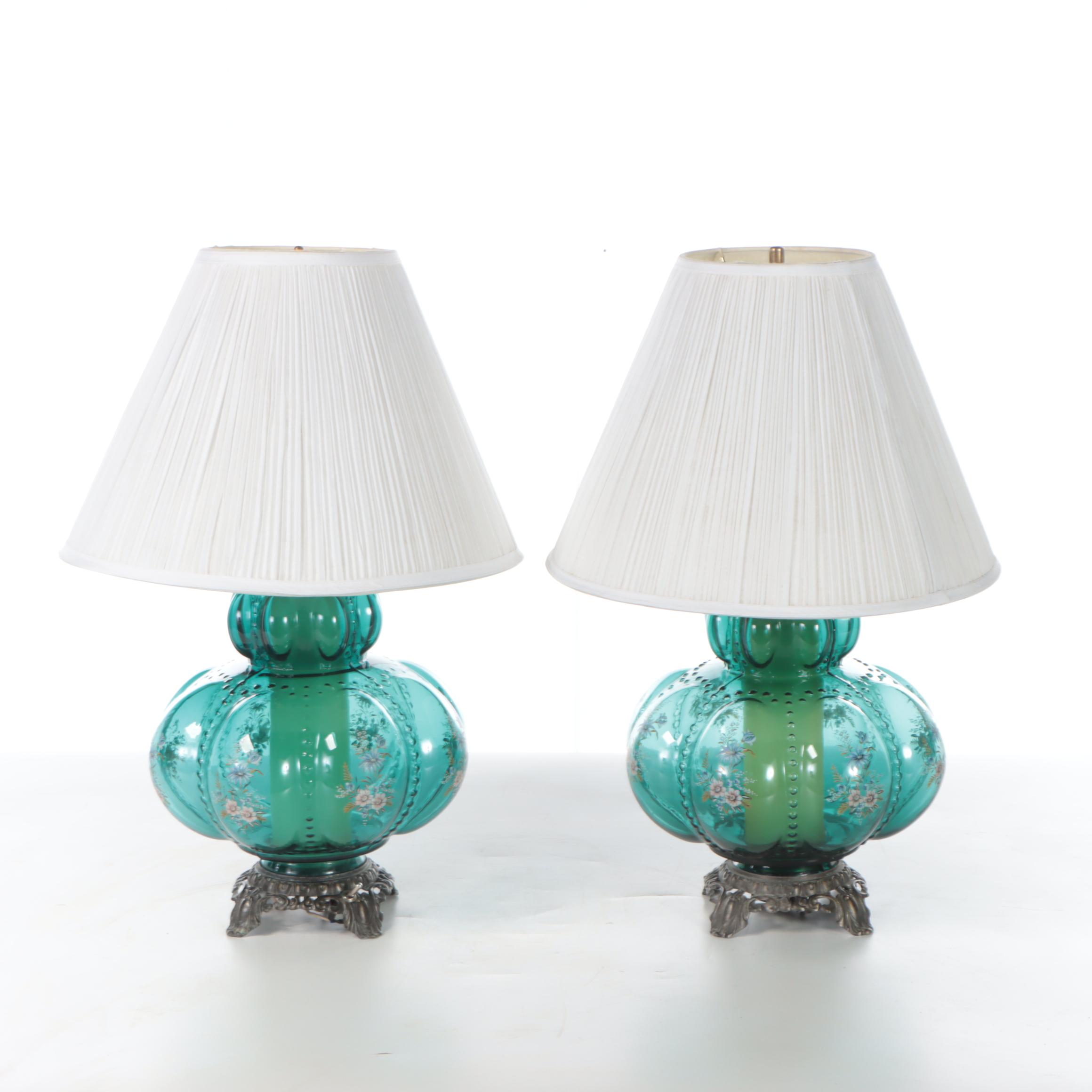 Transfer-Decorated Aqua Bubble Glass Table Lamps, Mid to Late 20th C