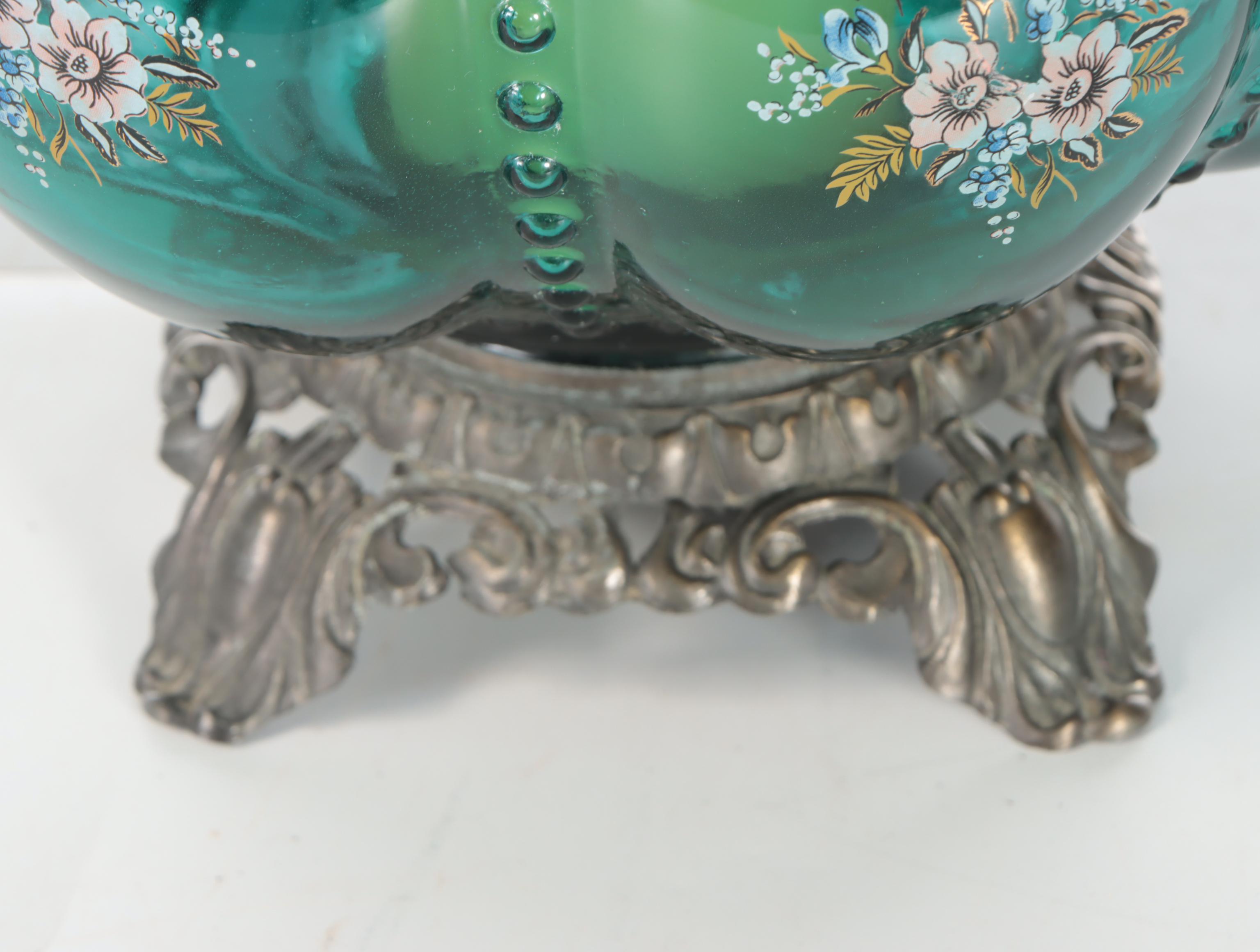 Transfer-Decorated Aqua Bubble Glass Table Lamps, Mid to Late 20th C
