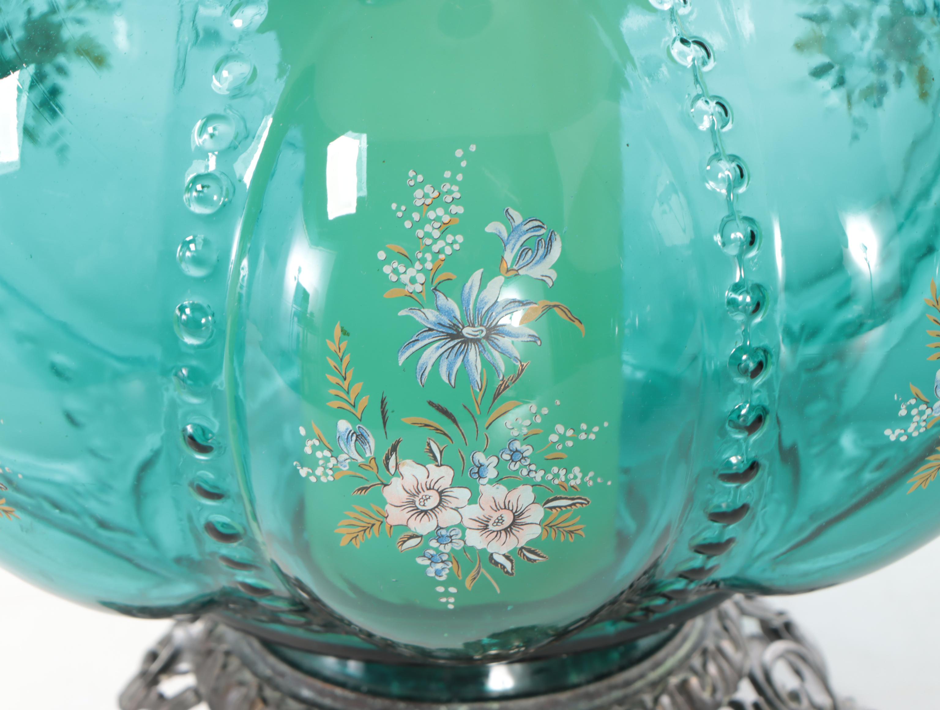 Transfer-Decorated Aqua Bubble Glass Table Lamps, Mid to Late 20th C