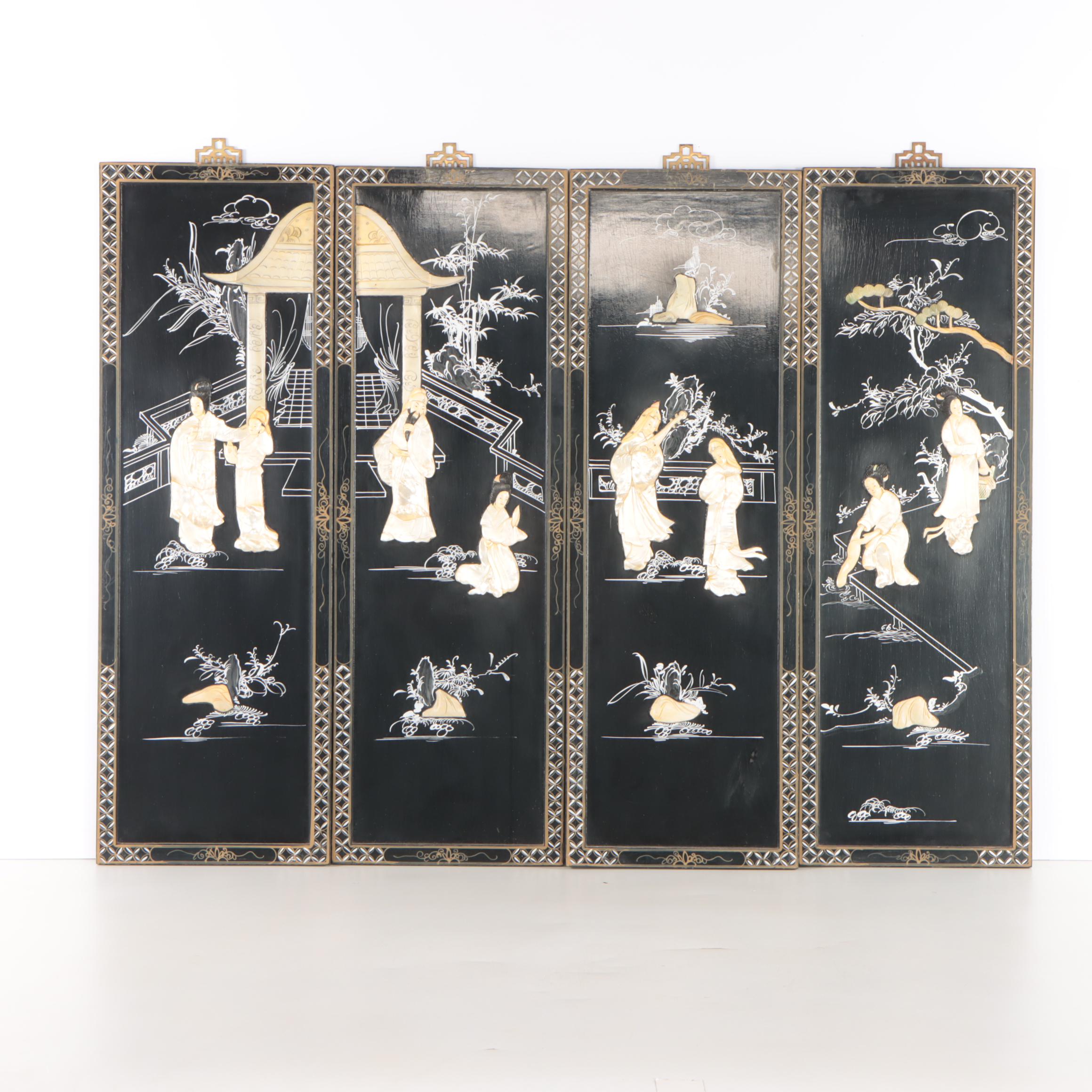 Mother of Pearl Inlaid Chinese Lacquered Wall Screen