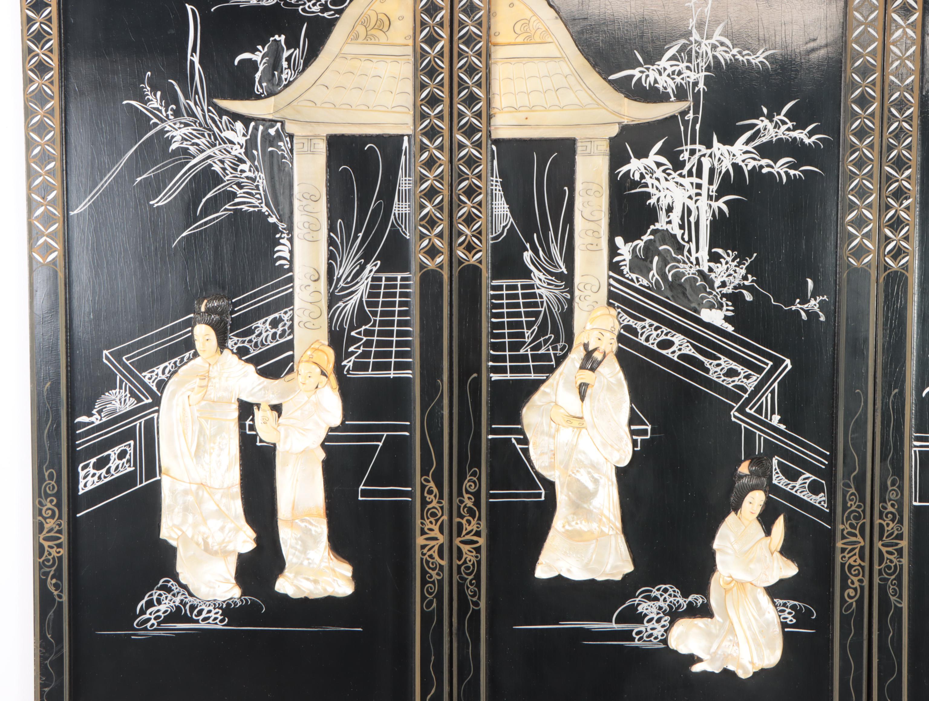 Mother of Pearl Inlaid Chinese Lacquered Wall Screen