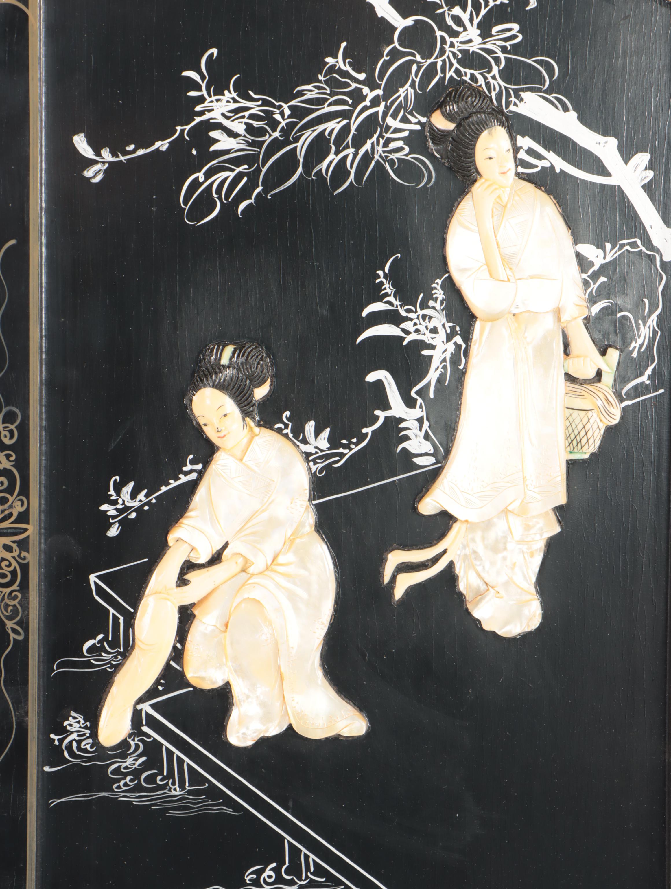 Mother of Pearl Inlaid Chinese Lacquered Wall Screen