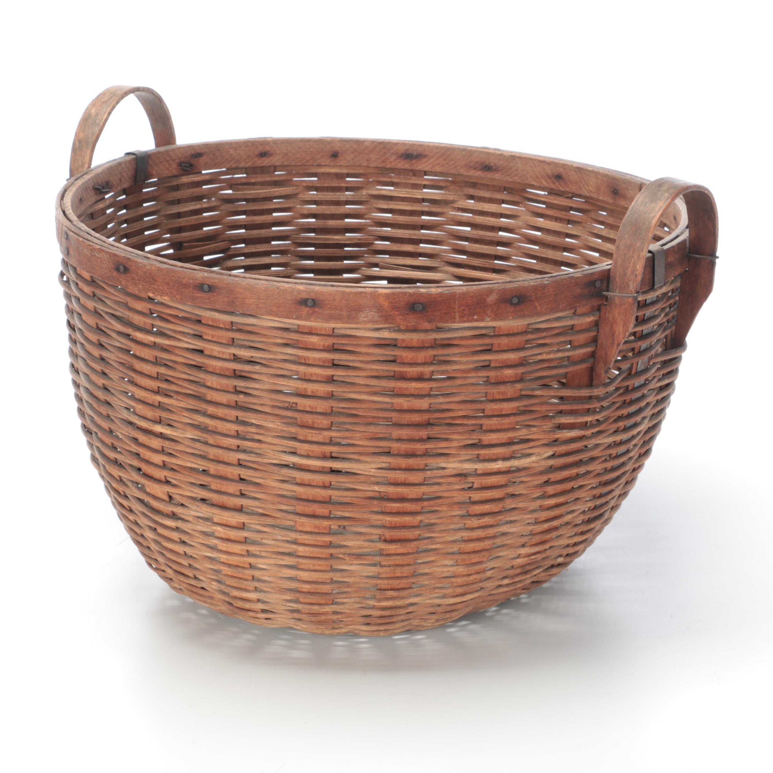 Bent Wood Metal Banded Bucket and Woven Gathering Basket