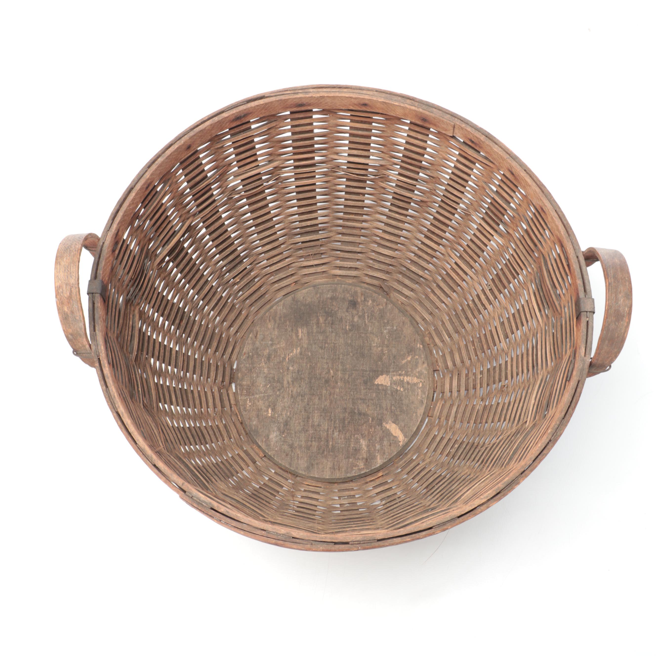 Bent Wood Metal Banded Bucket and Woven Gathering Basket