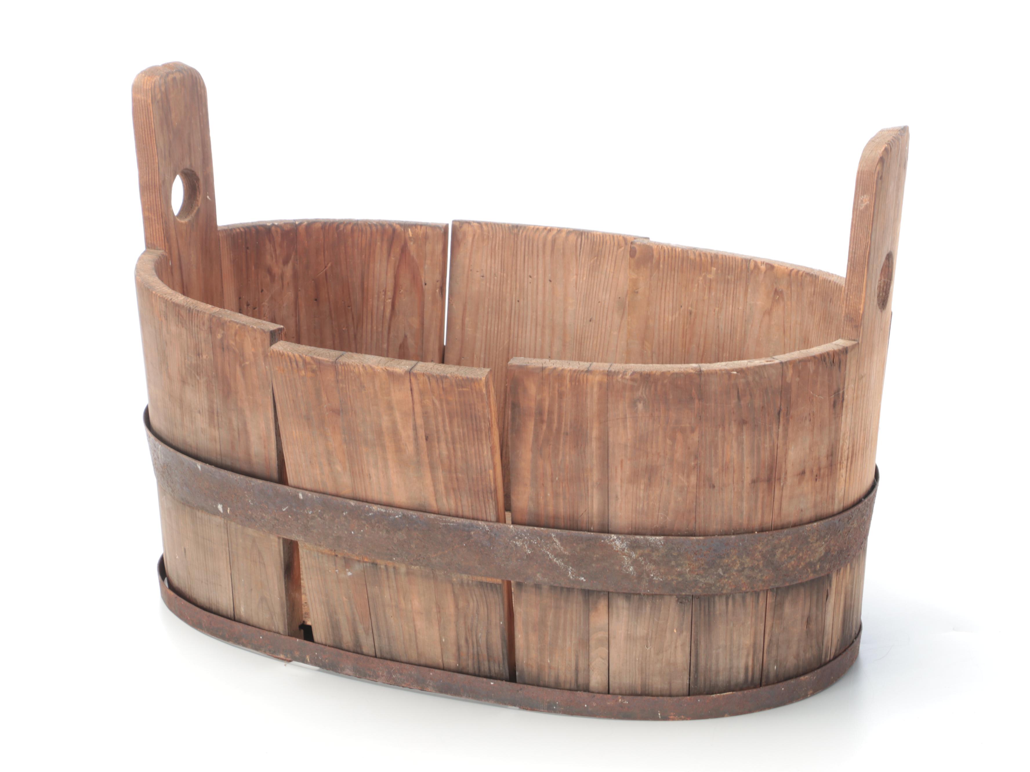 Bent Wood Metal Banded Bucket and Woven Gathering Basket