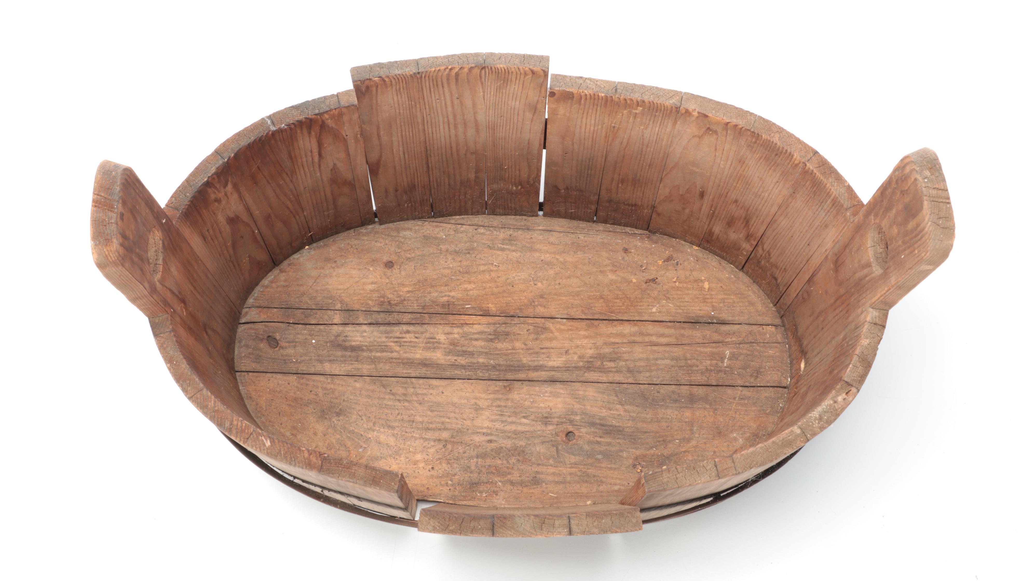 Bent Wood Metal Banded Bucket and Woven Gathering Basket