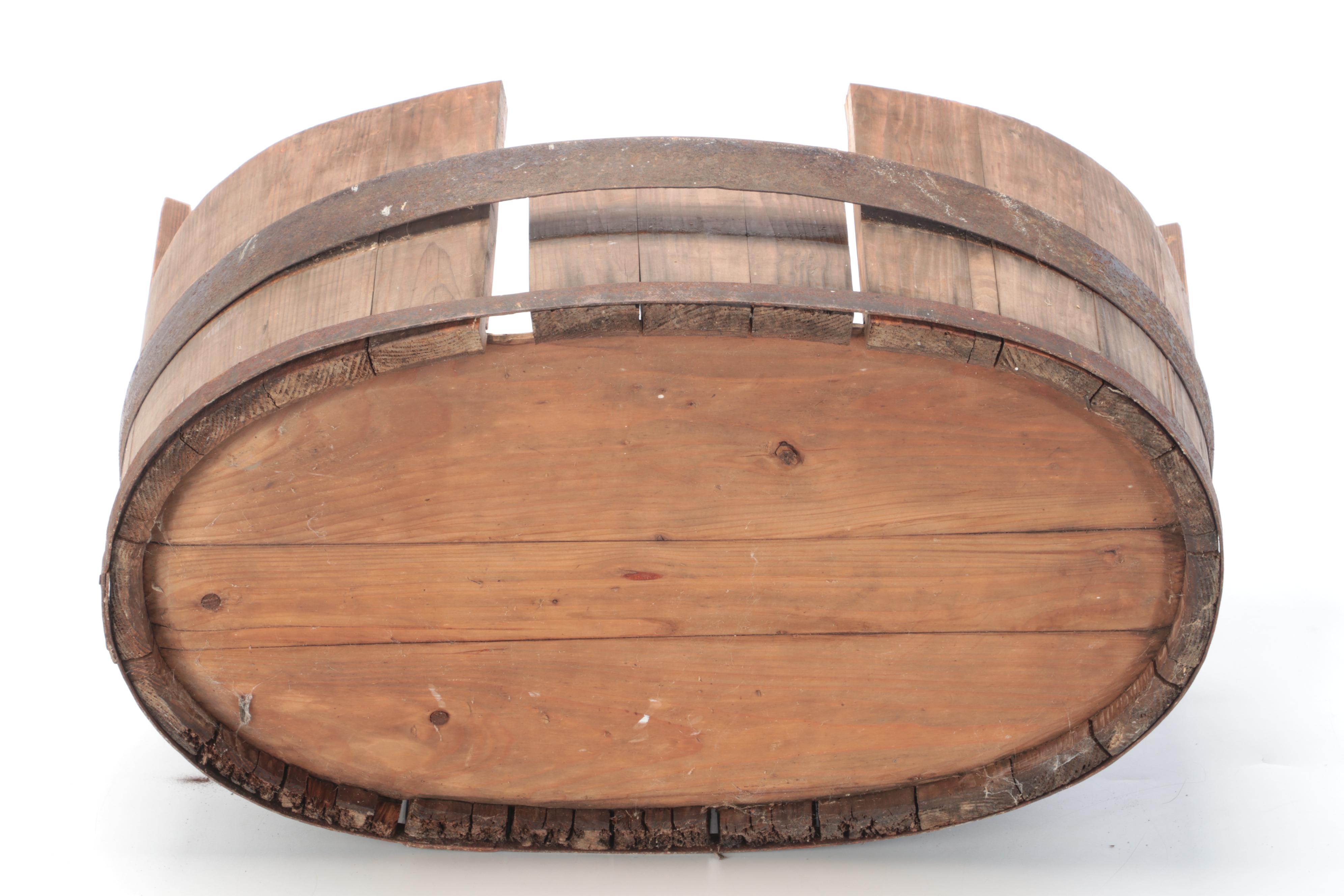 Bent Wood Metal Banded Bucket and Woven Gathering Basket