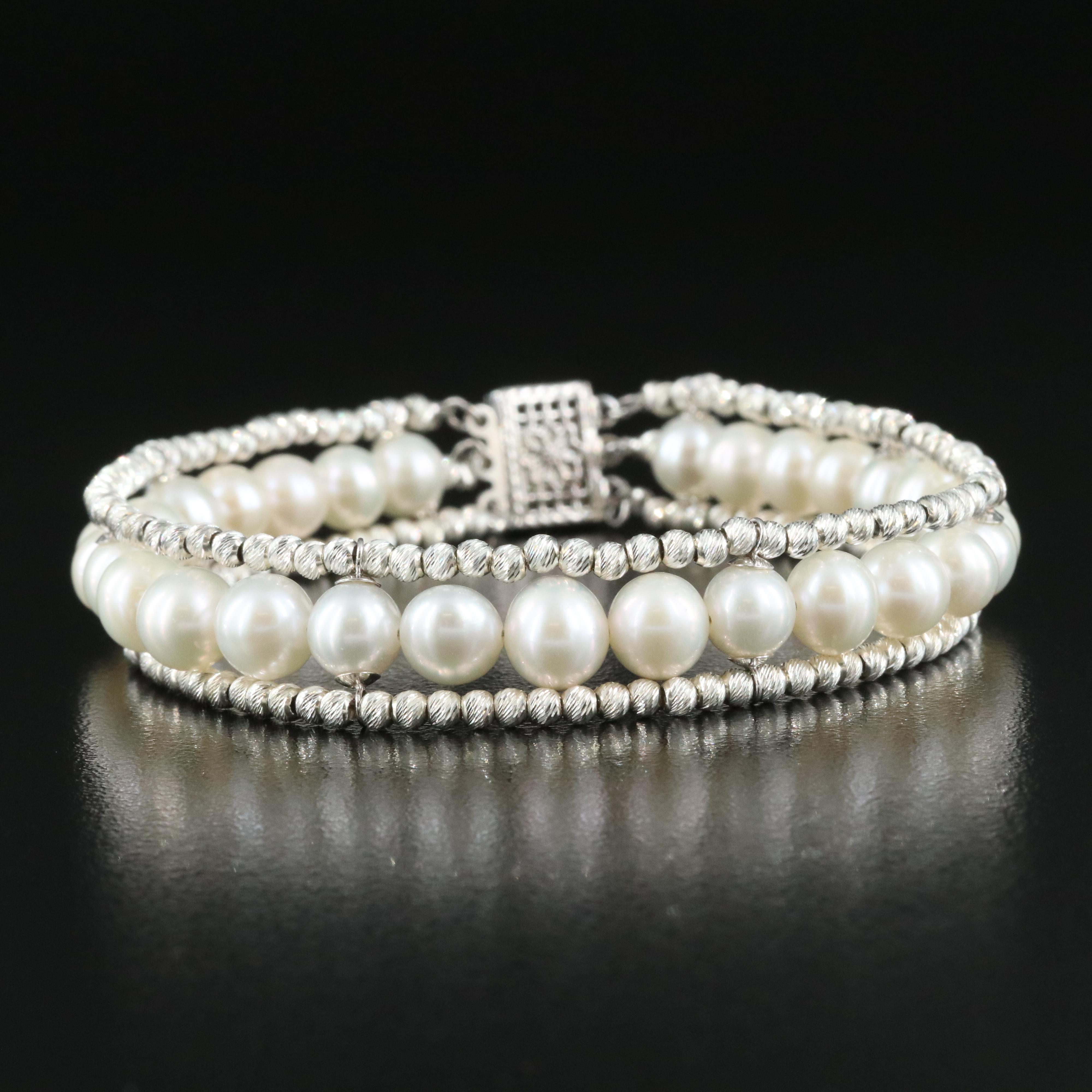 Sterling Fluted Beads and Pearl Bracelet