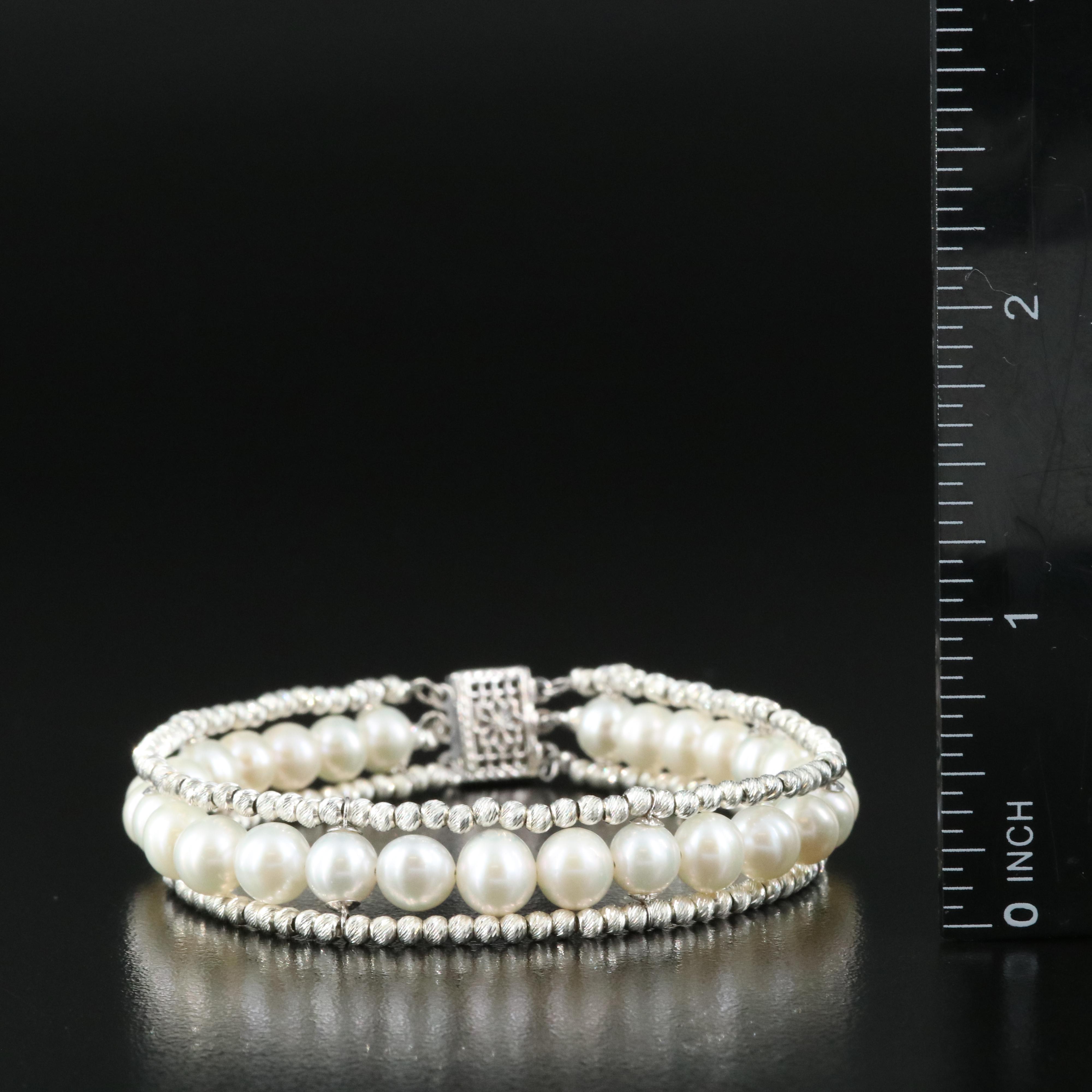 Sterling Fluted Beads and Pearl Bracelet
