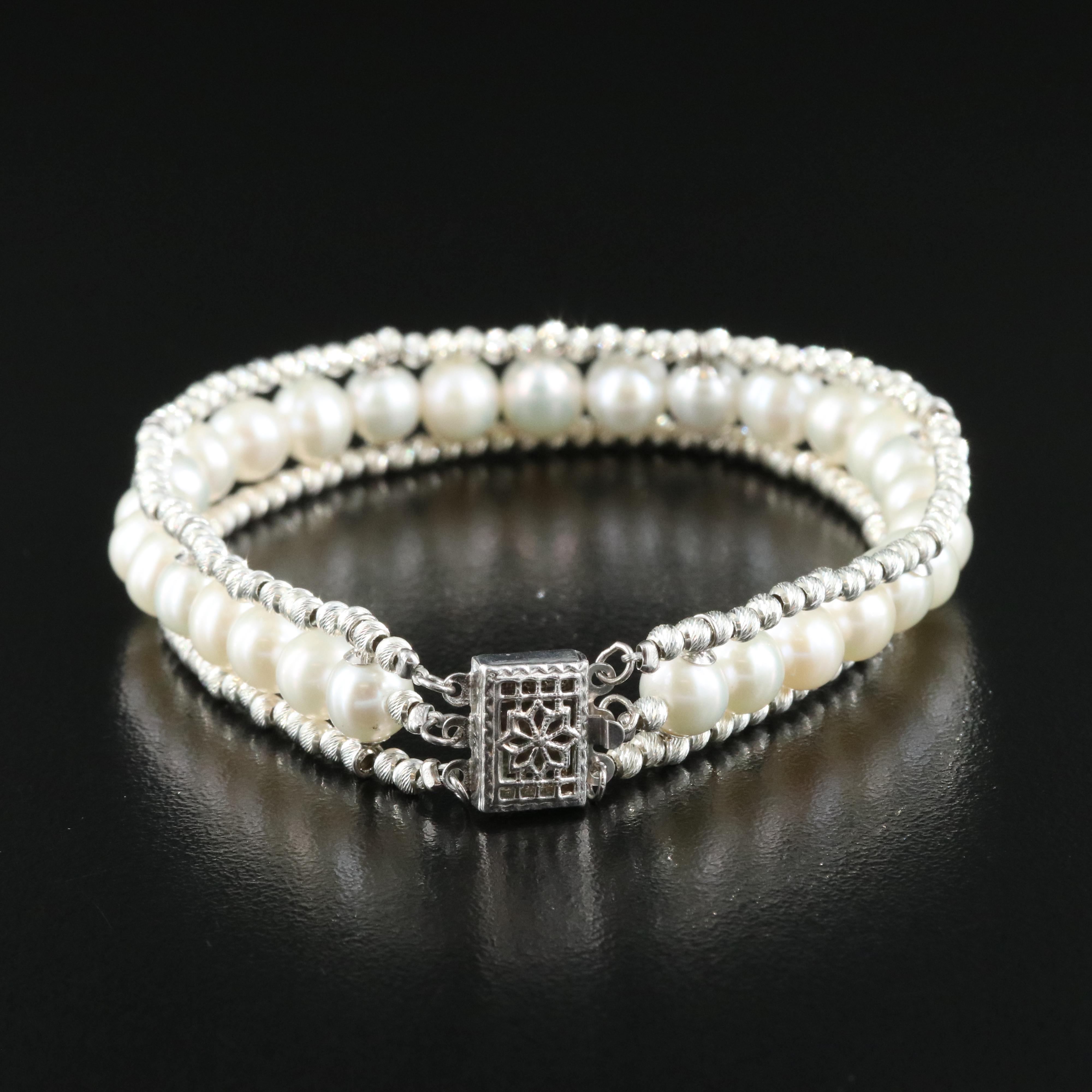 Sterling Fluted Beads and Pearl Bracelet