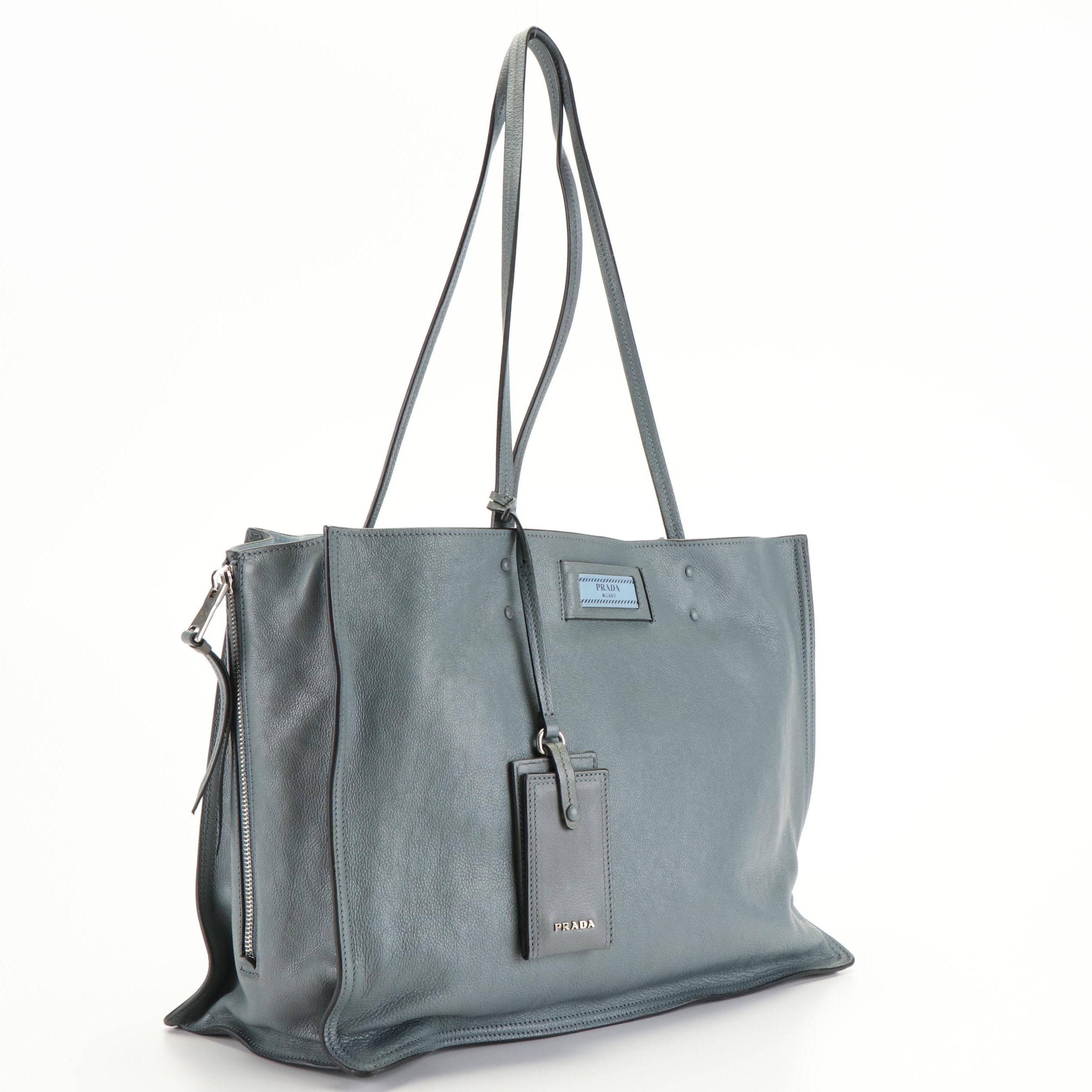 Prada Blue Calf Large Etiquette Glace Tote