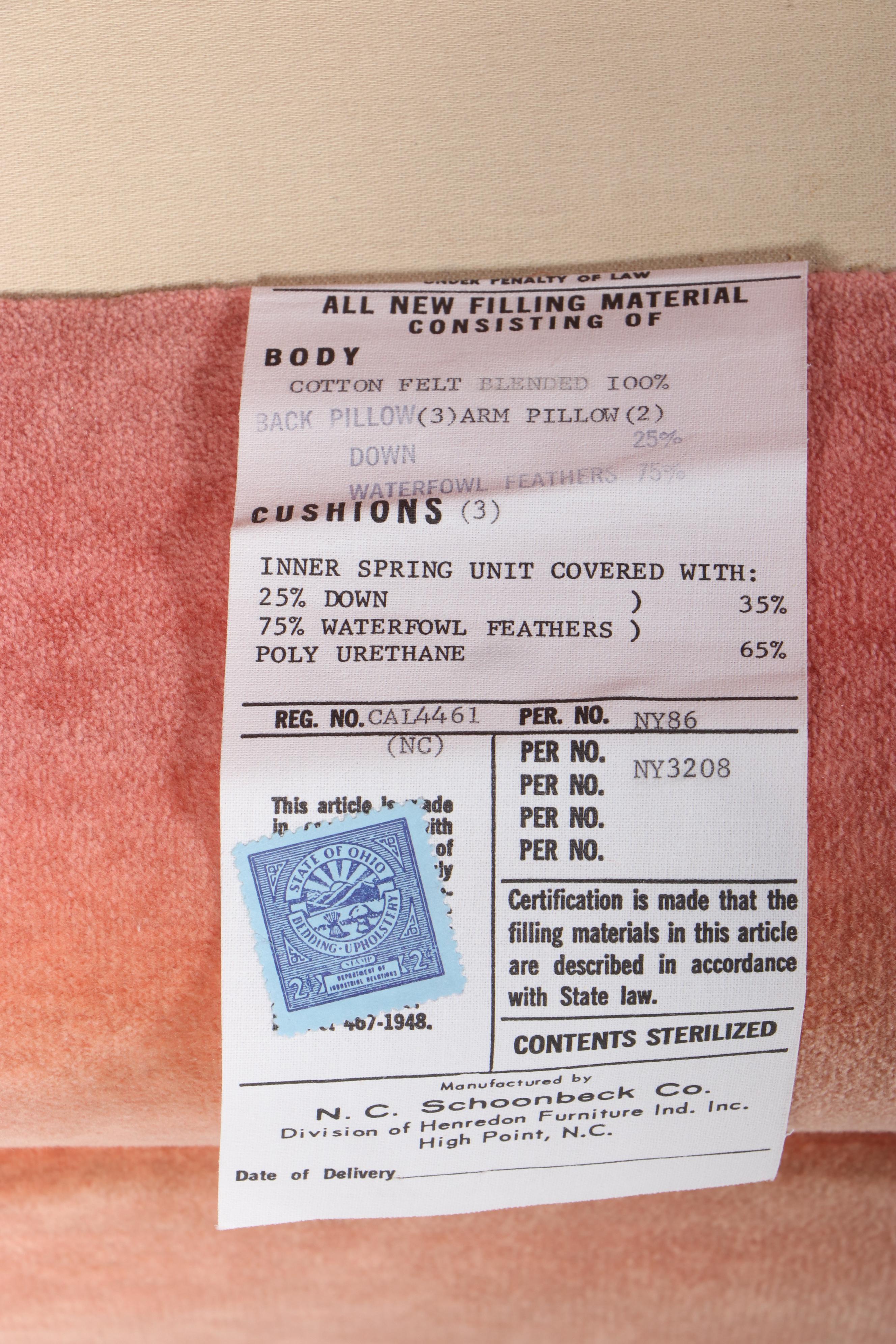 Henredon Peach Velvet-Upholstered Sofa